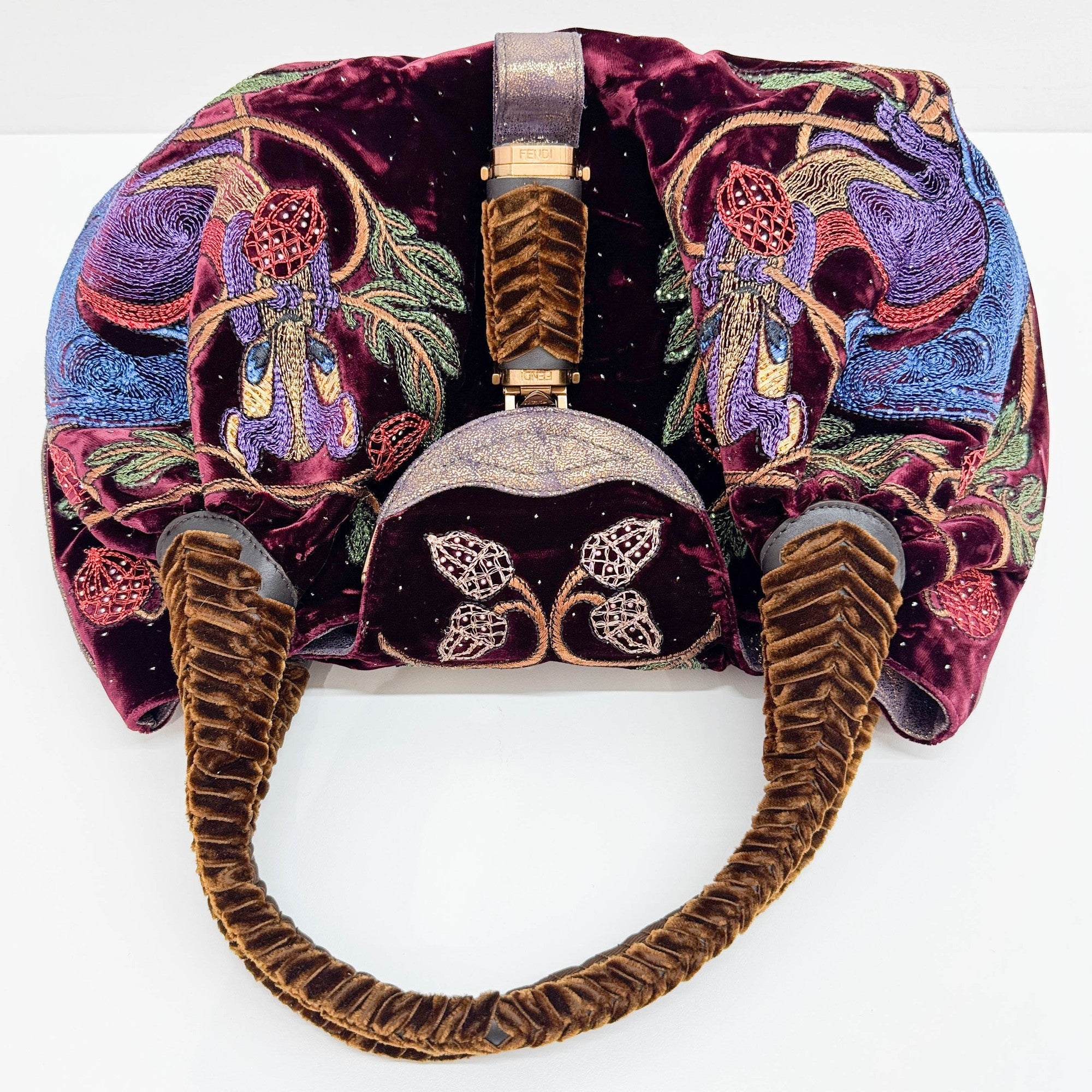 Spy Squirrel Embroidered Bordeaux Velvet Shoulder Bag