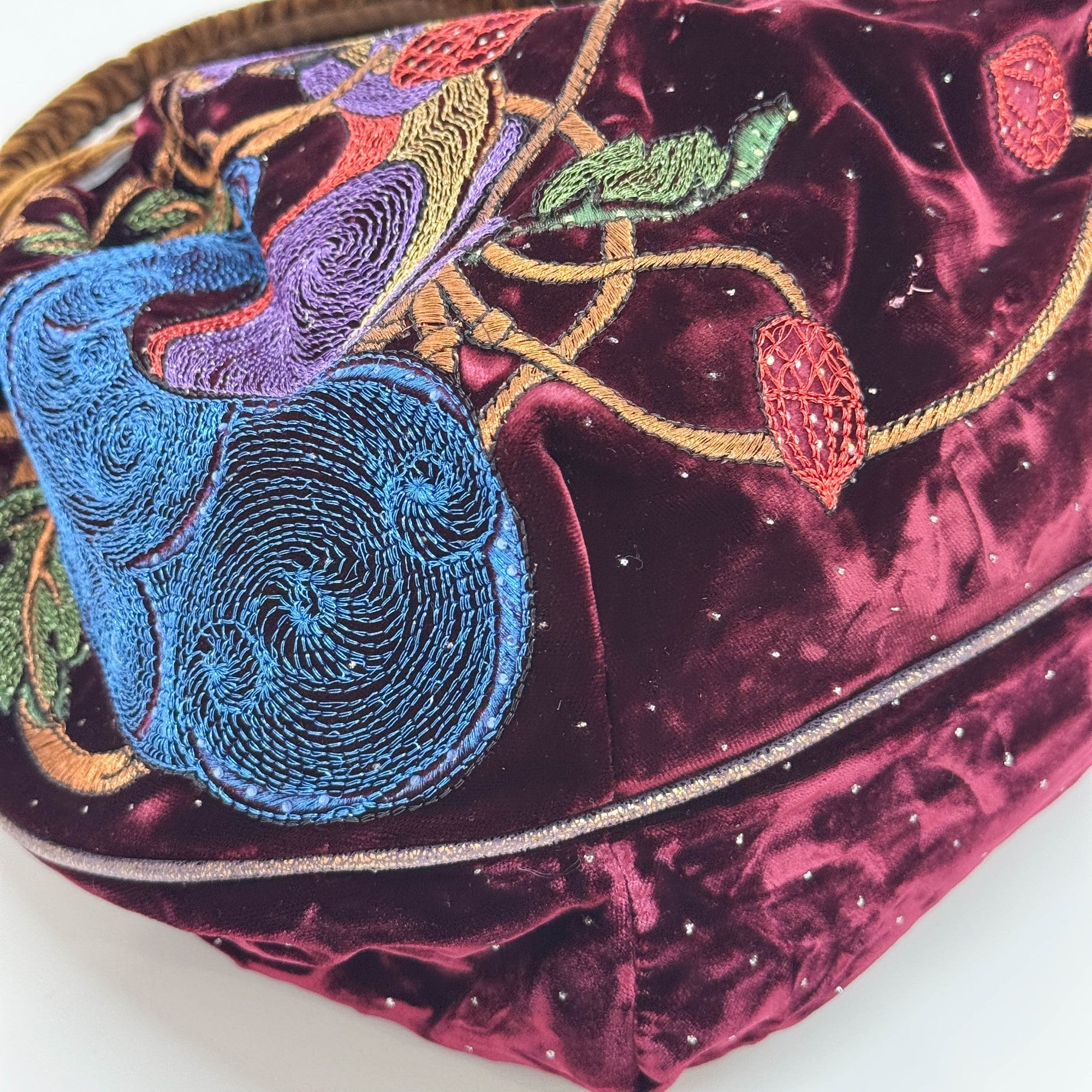 Spy Squirrel Embroidered Bordeaux Velvet Shoulder Bag