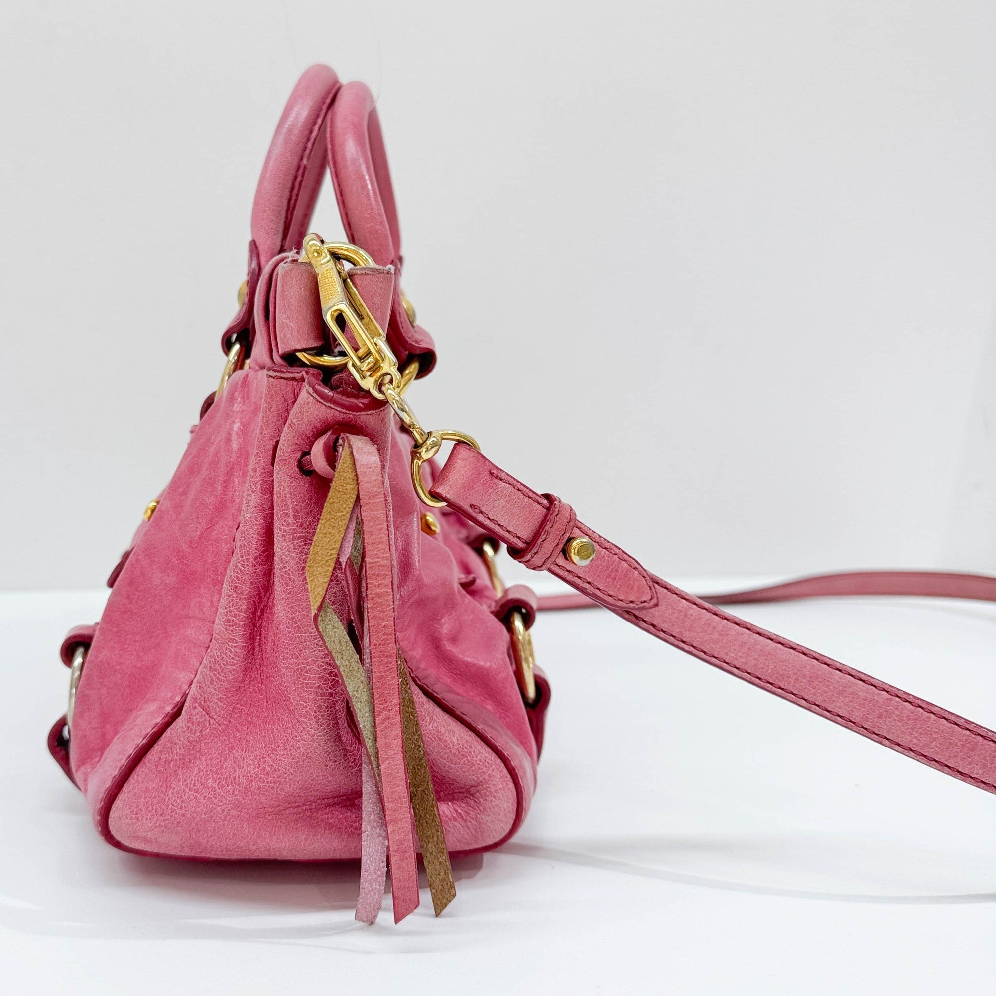 Mini Vitello Pink Leather Two Way Bag