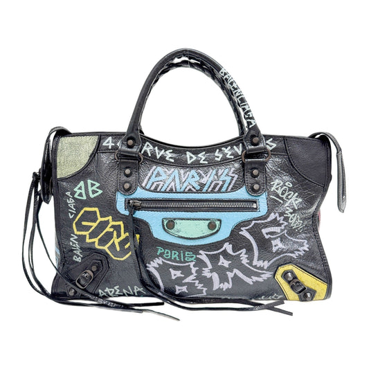 The City Graffiti Black Leather Two Way Bag