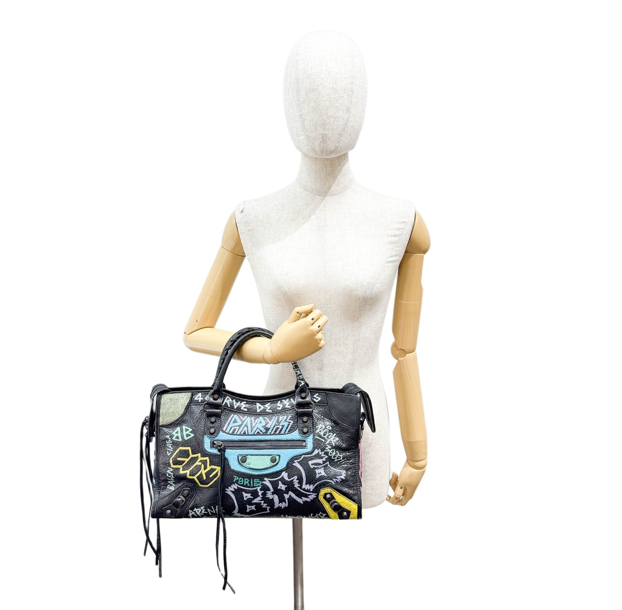 The City Graffiti Black Leather Two Way Bag