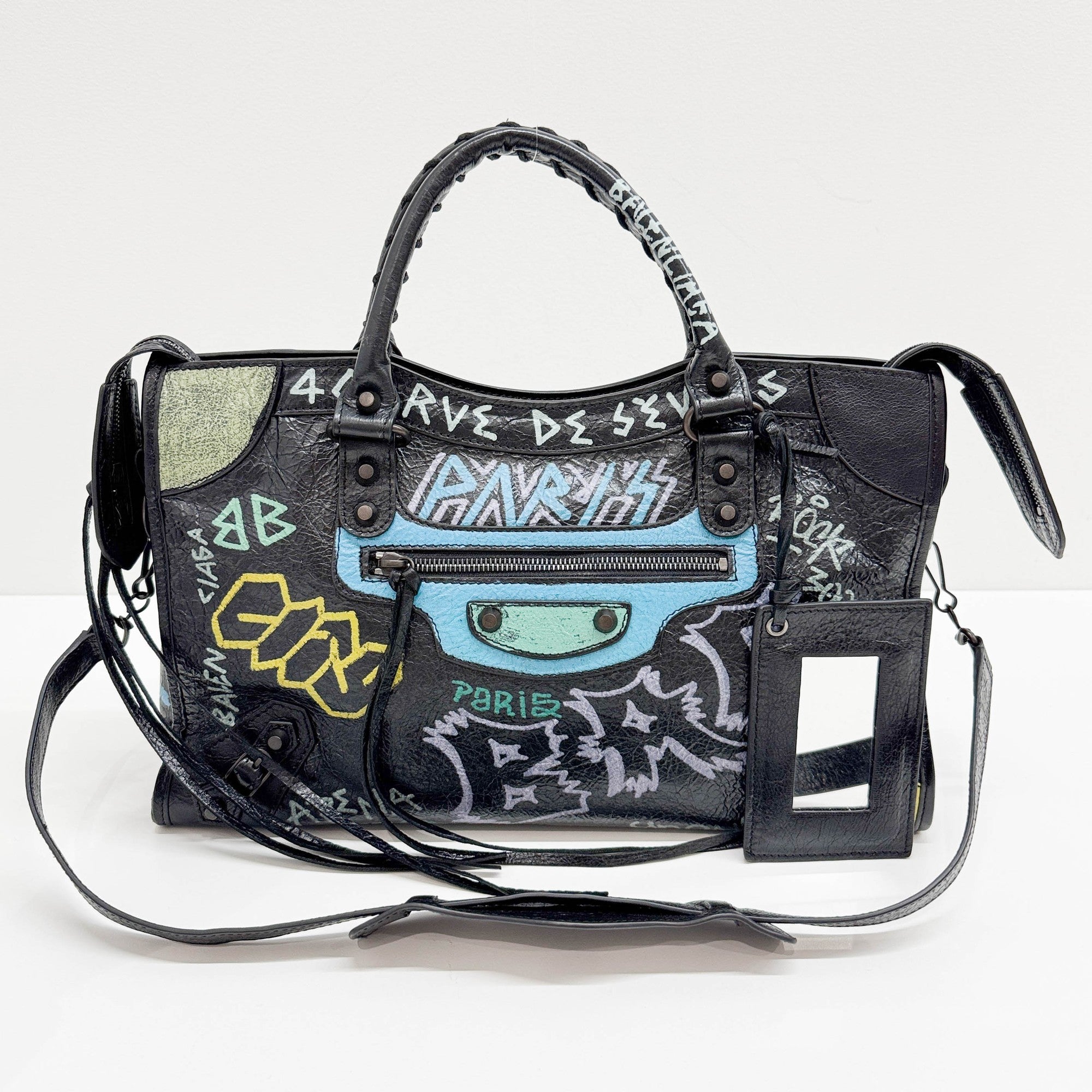 The City Graffiti Black Leather Two Way Bag