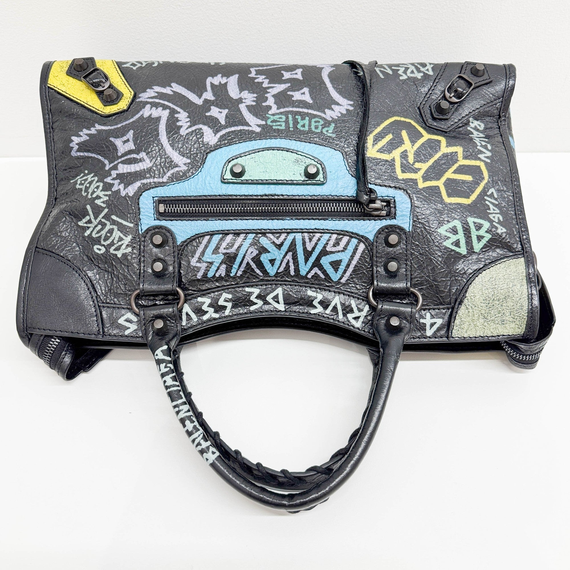 The City Graffiti Black Leather Two Way Bag