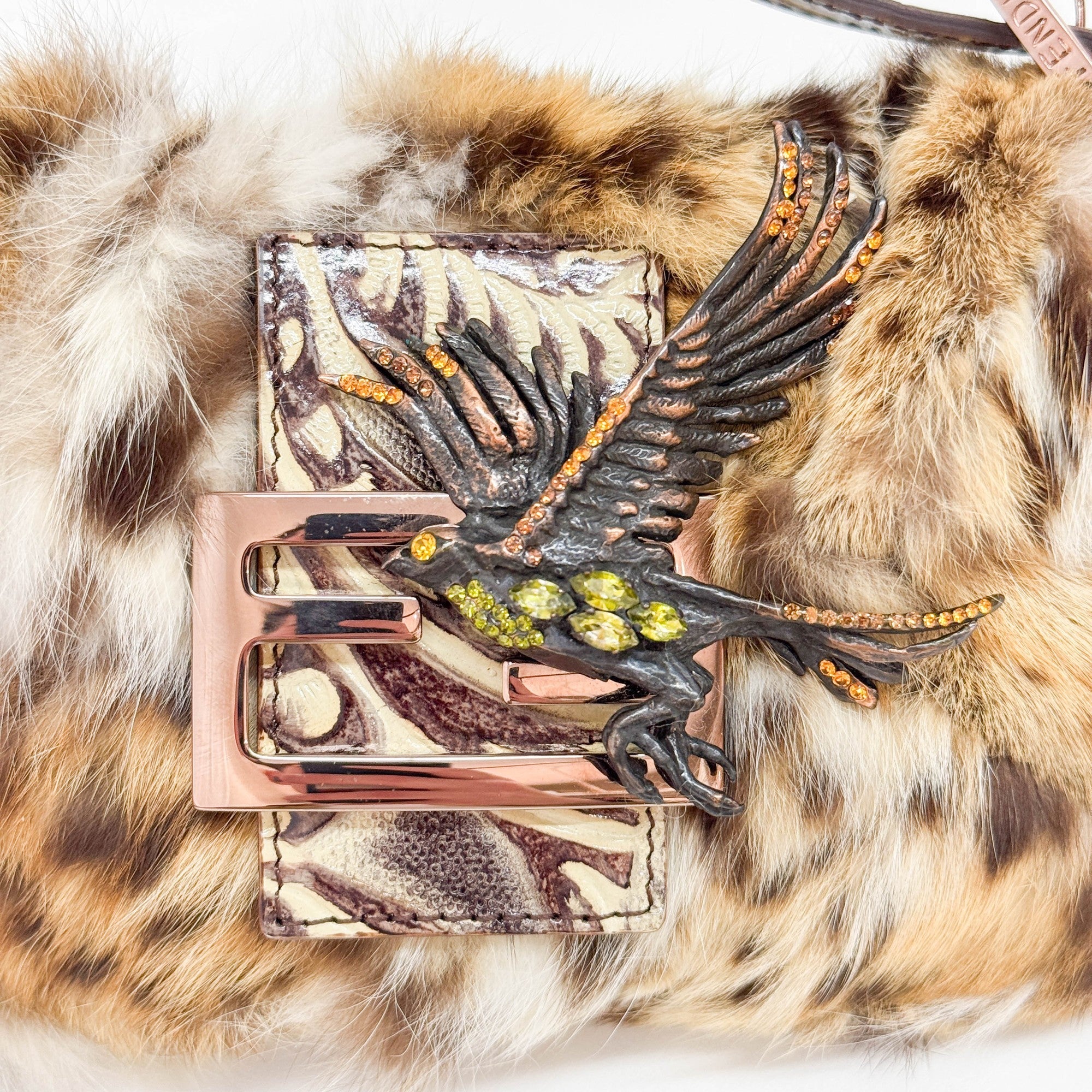Mini Baguette Bejeweled Bird Brown Fur Hand Bag