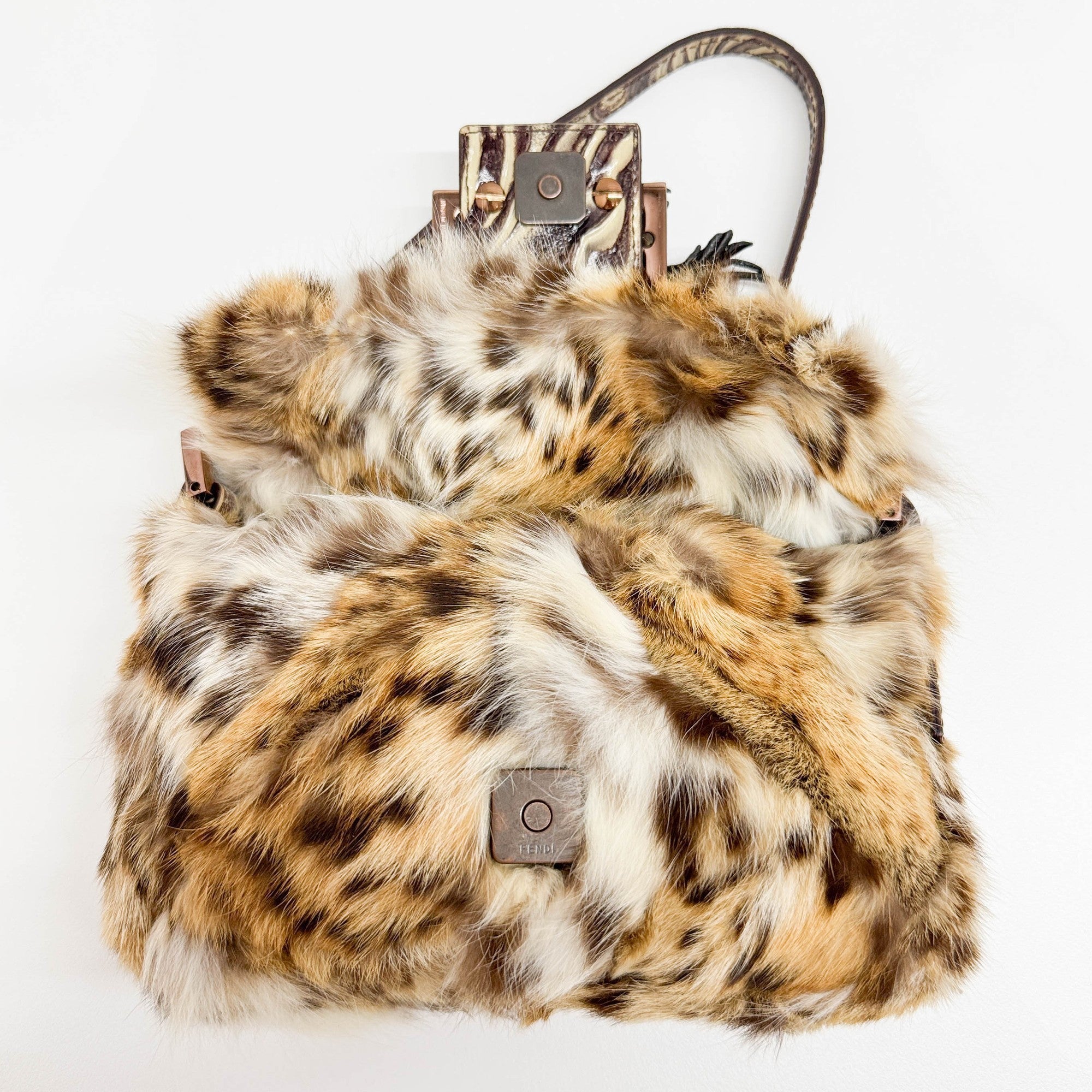 Mini Baguette Bejeweled Bird Brown Fur Hand Bag