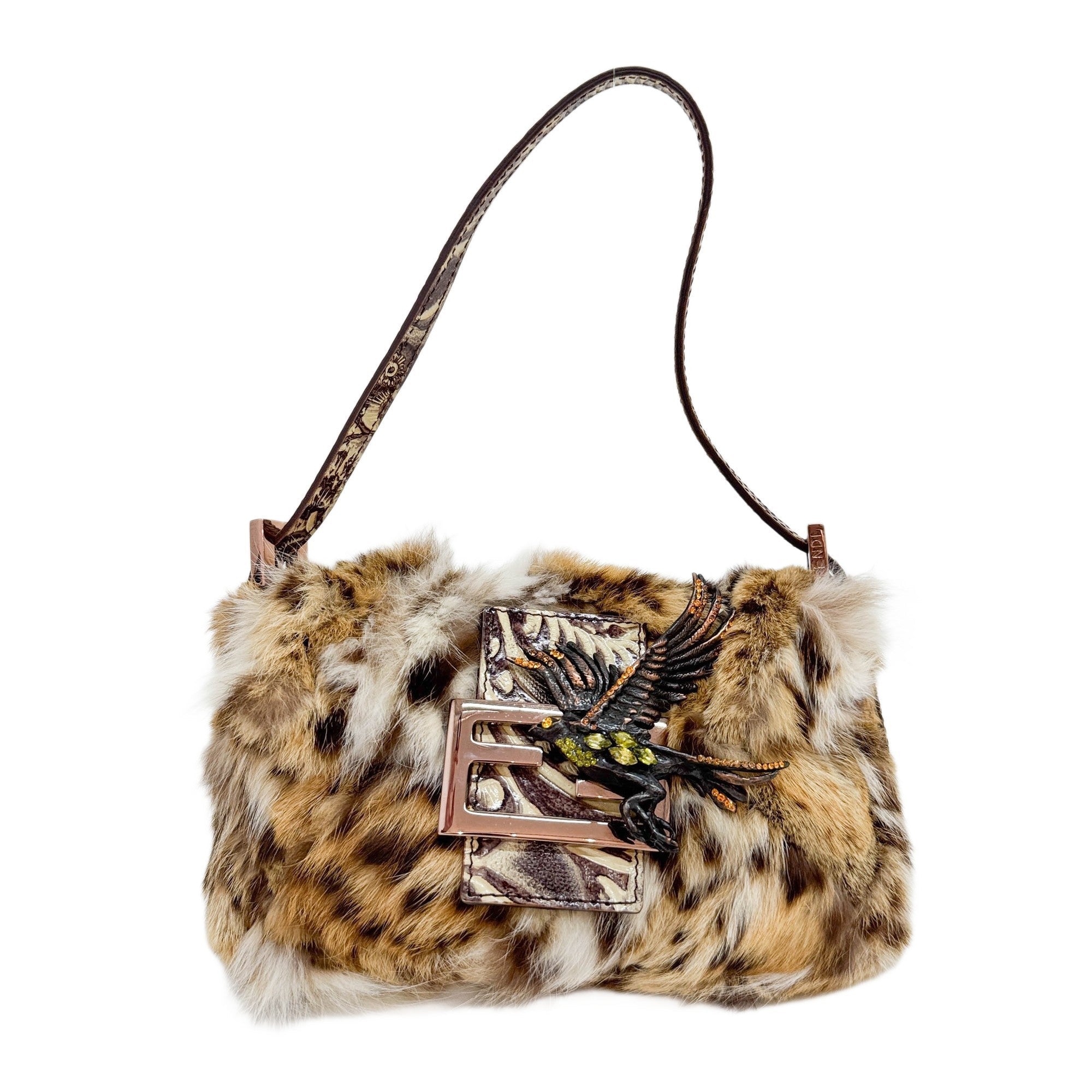 Mini Baguette Bejeweled Bird Brown Fur Hand Bag