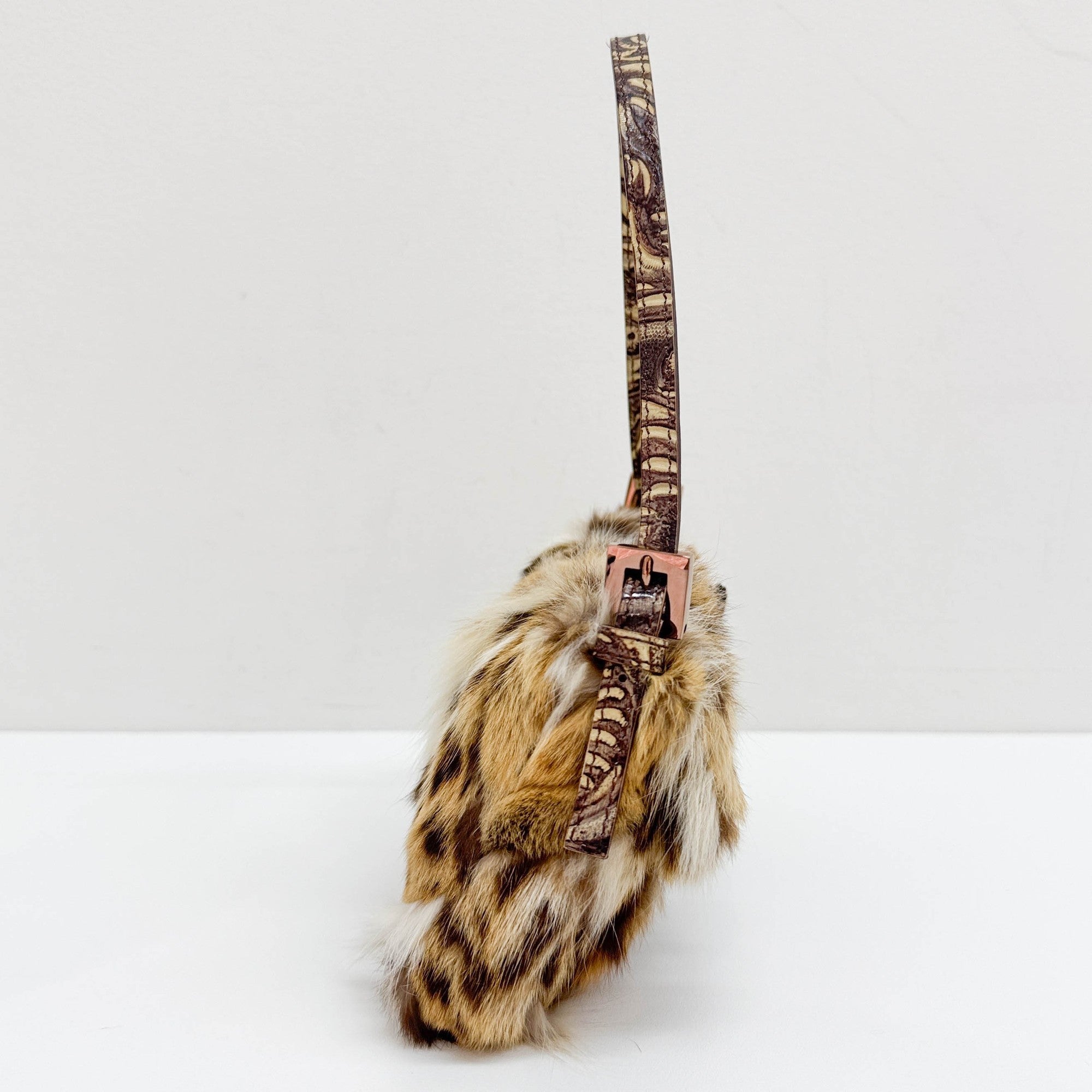 Mini Baguette Bejeweled Bird Brown Fur Hand Bag