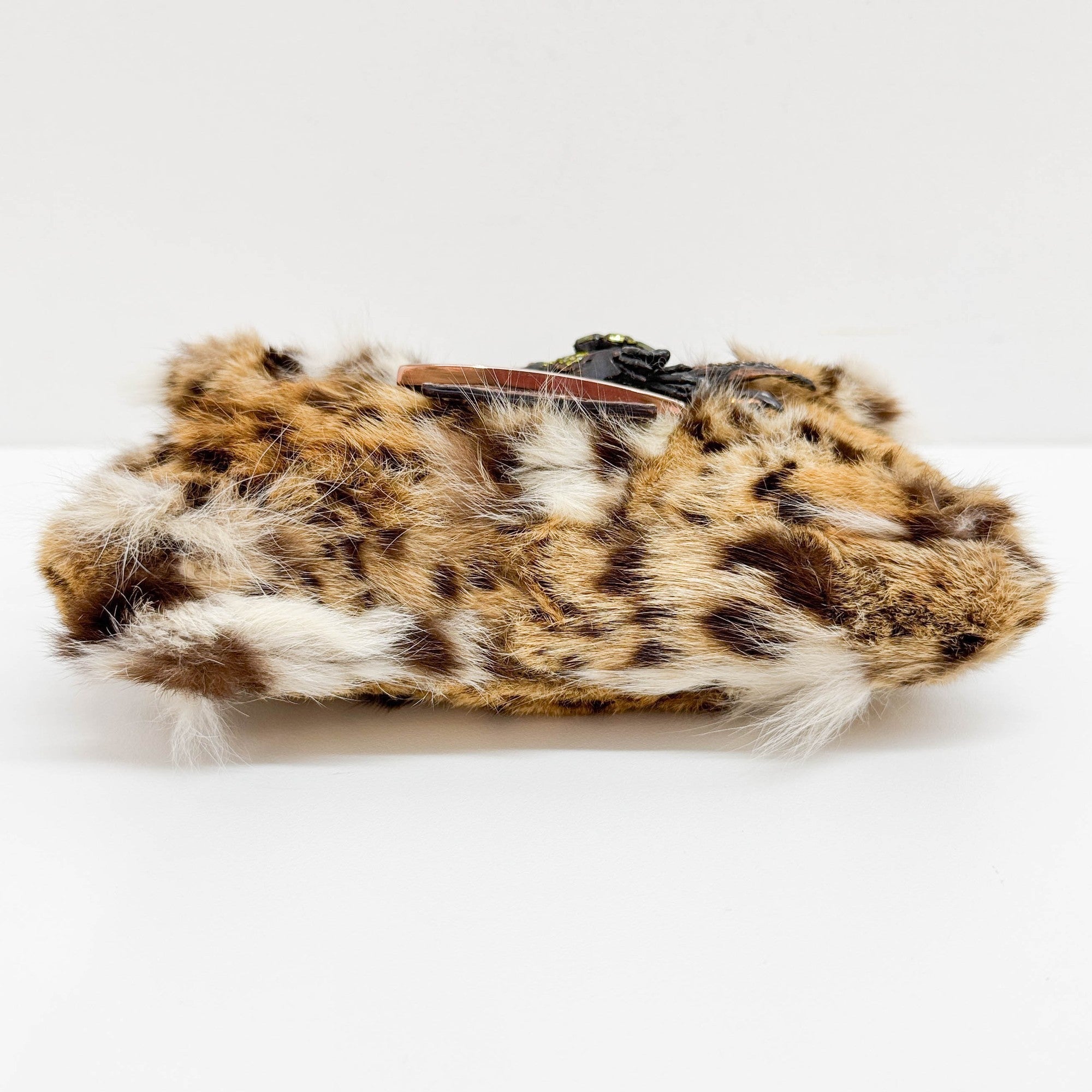 Mini Baguette Bejeweled Bird Brown Fur Hand Bag