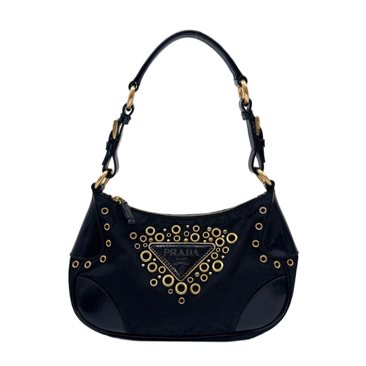 Cleo Eyelet Studs Black Nylon Shoulder Bag