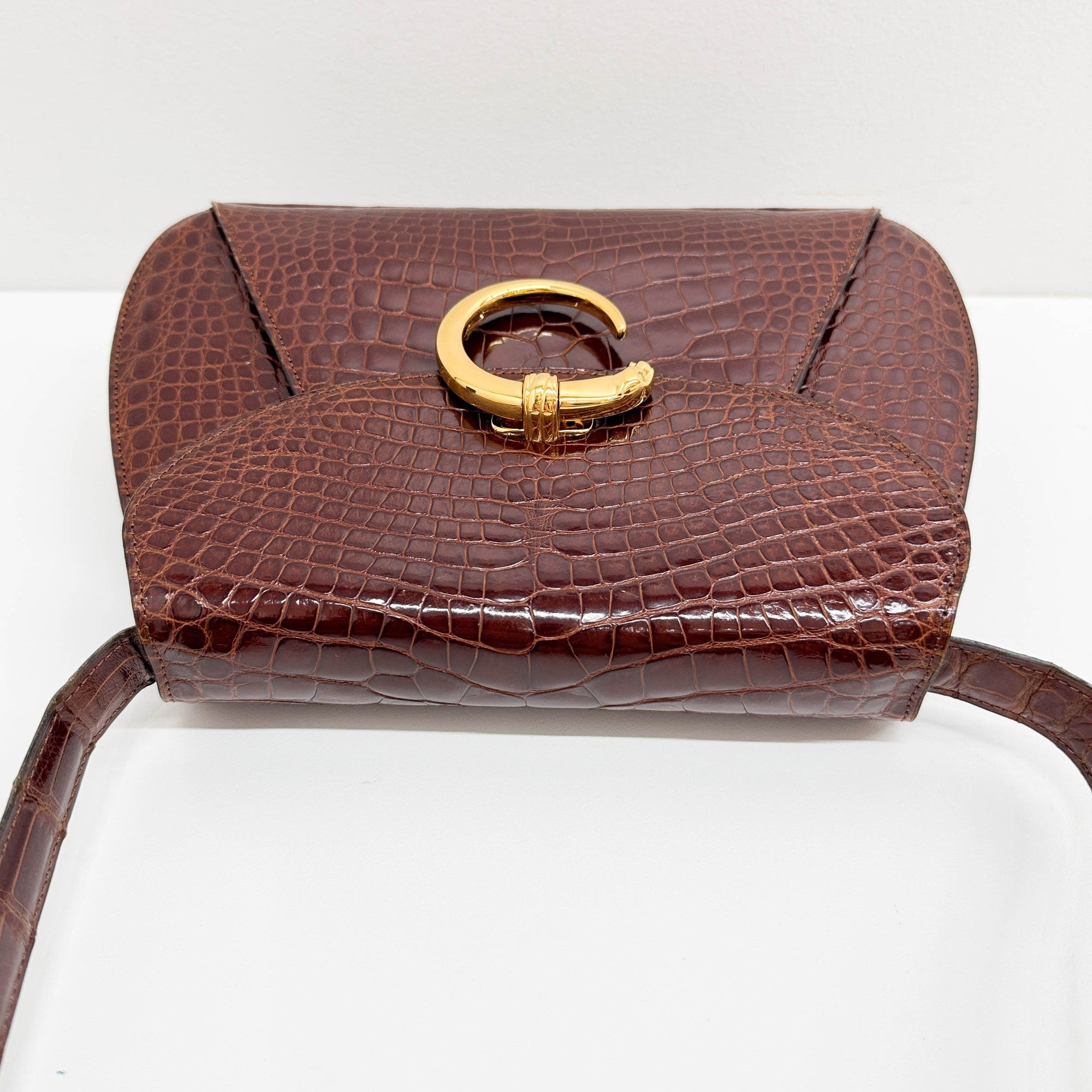 Panthere Brown Crocodile Embossed Leather Shoulder Bag