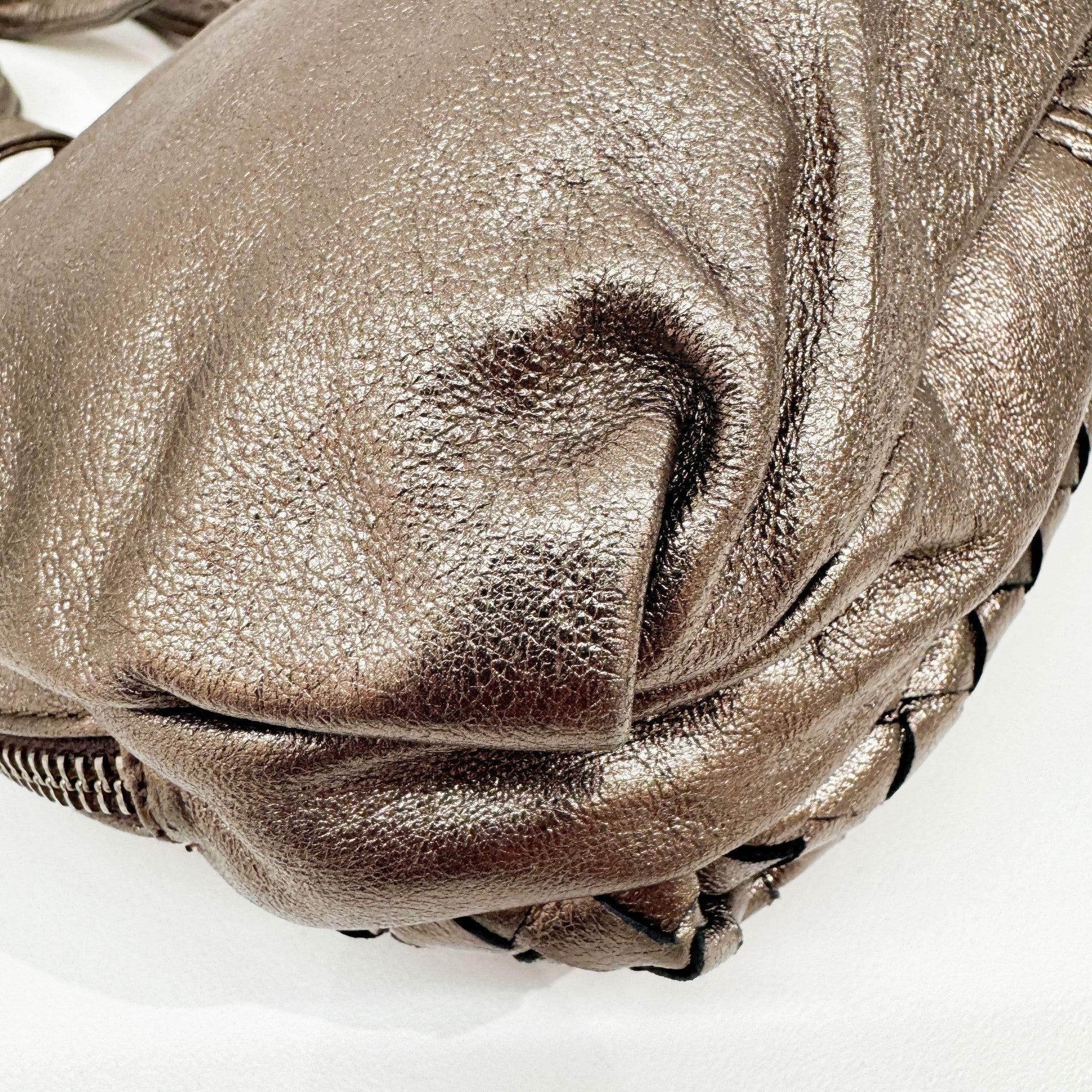 Intrecciato Metallic Dusty Gold Leather Shoulder Bag