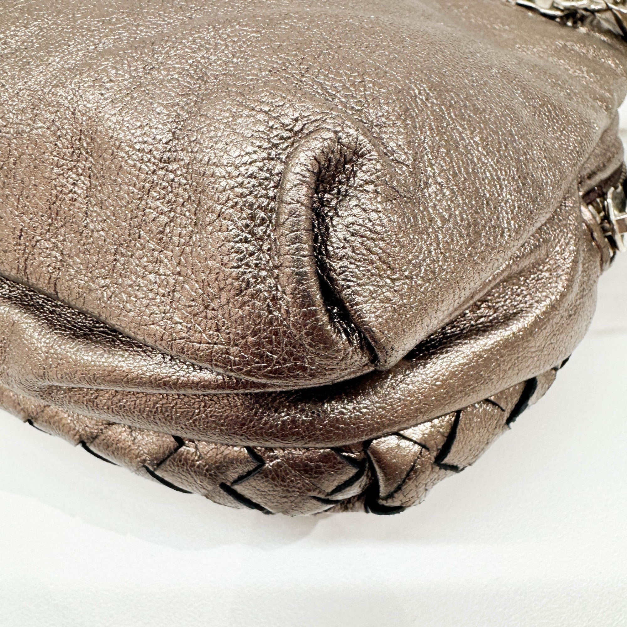 Intrecciato Metallic Dusty Gold Leather Shoulder Bag