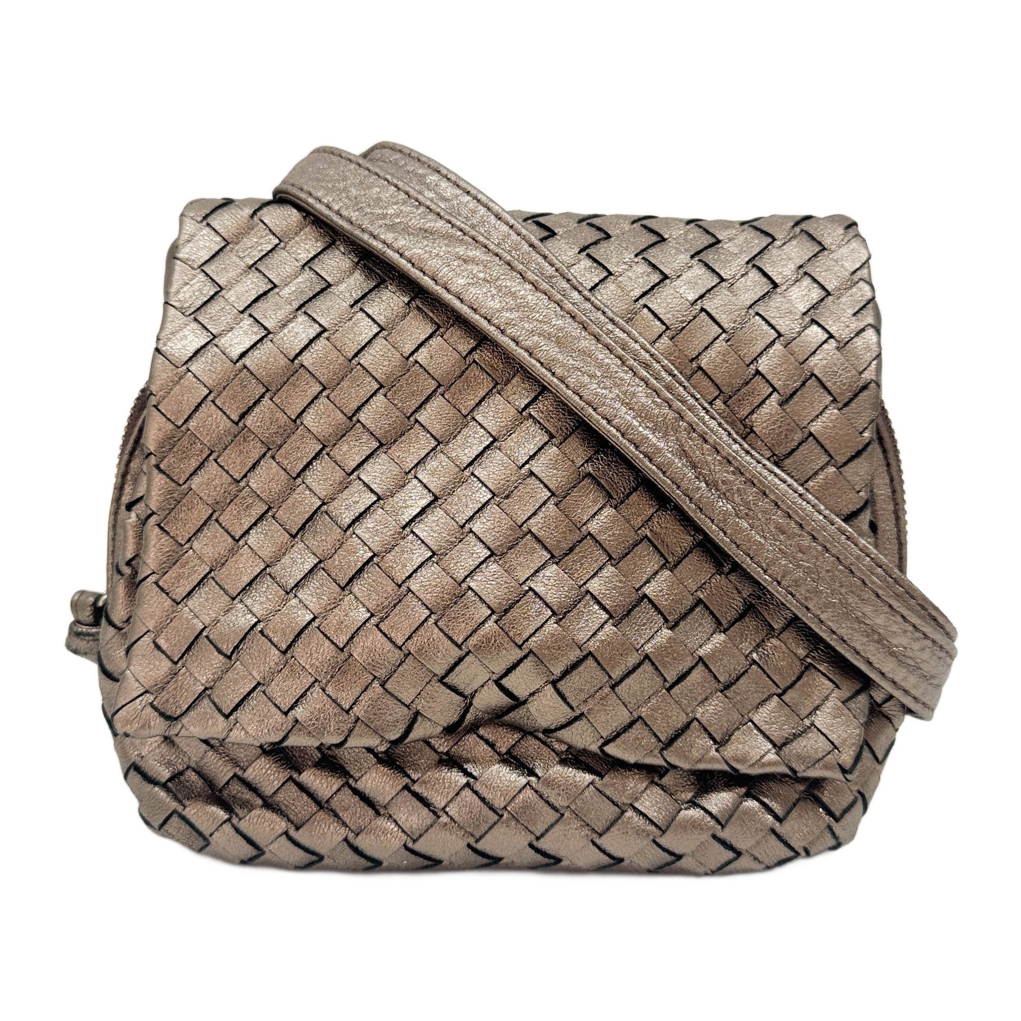 Intrecciato Metallic Dusty Gold Leather Shoulder Bag