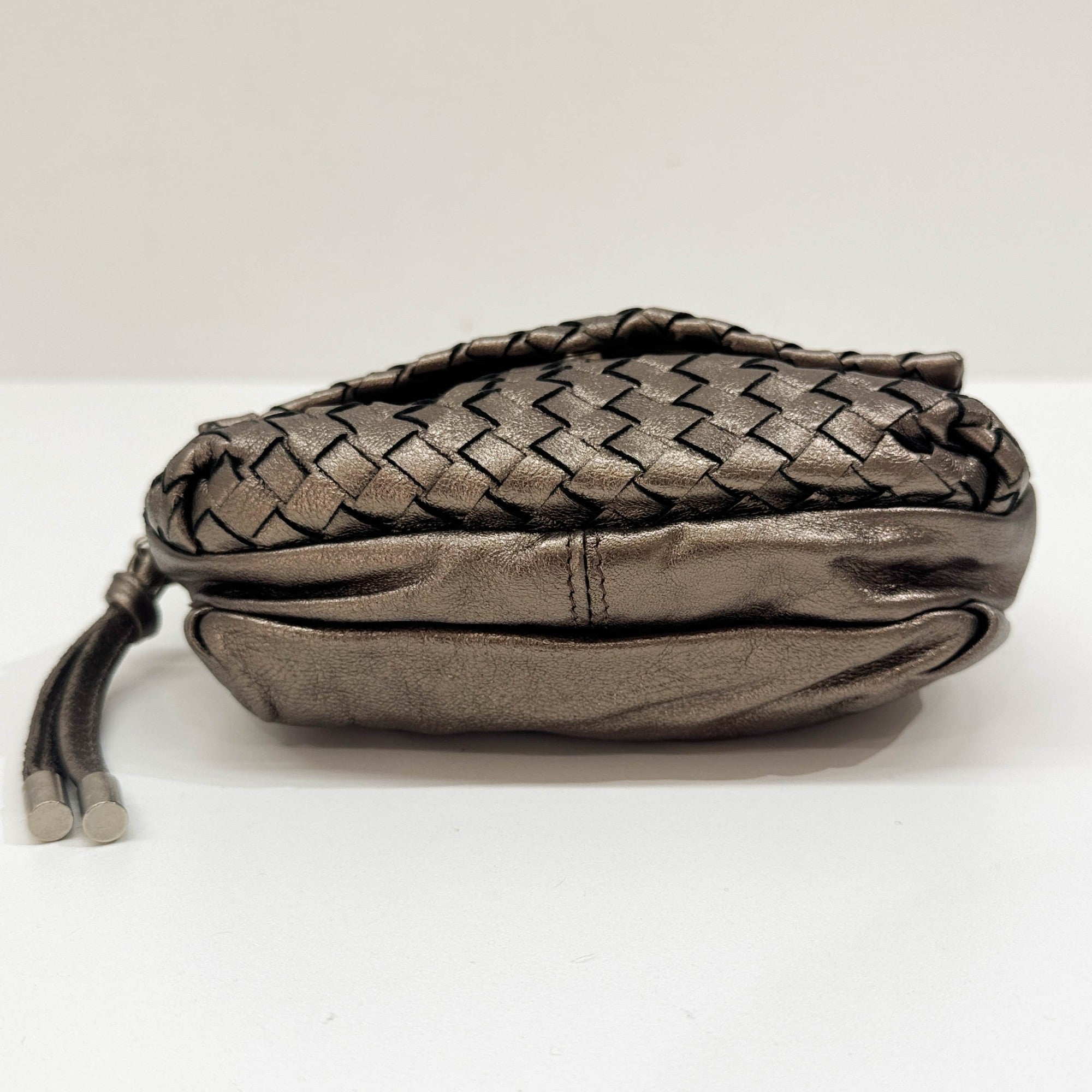 Intrecciato Metallic Dusty Gold Leather Shoulder Bag