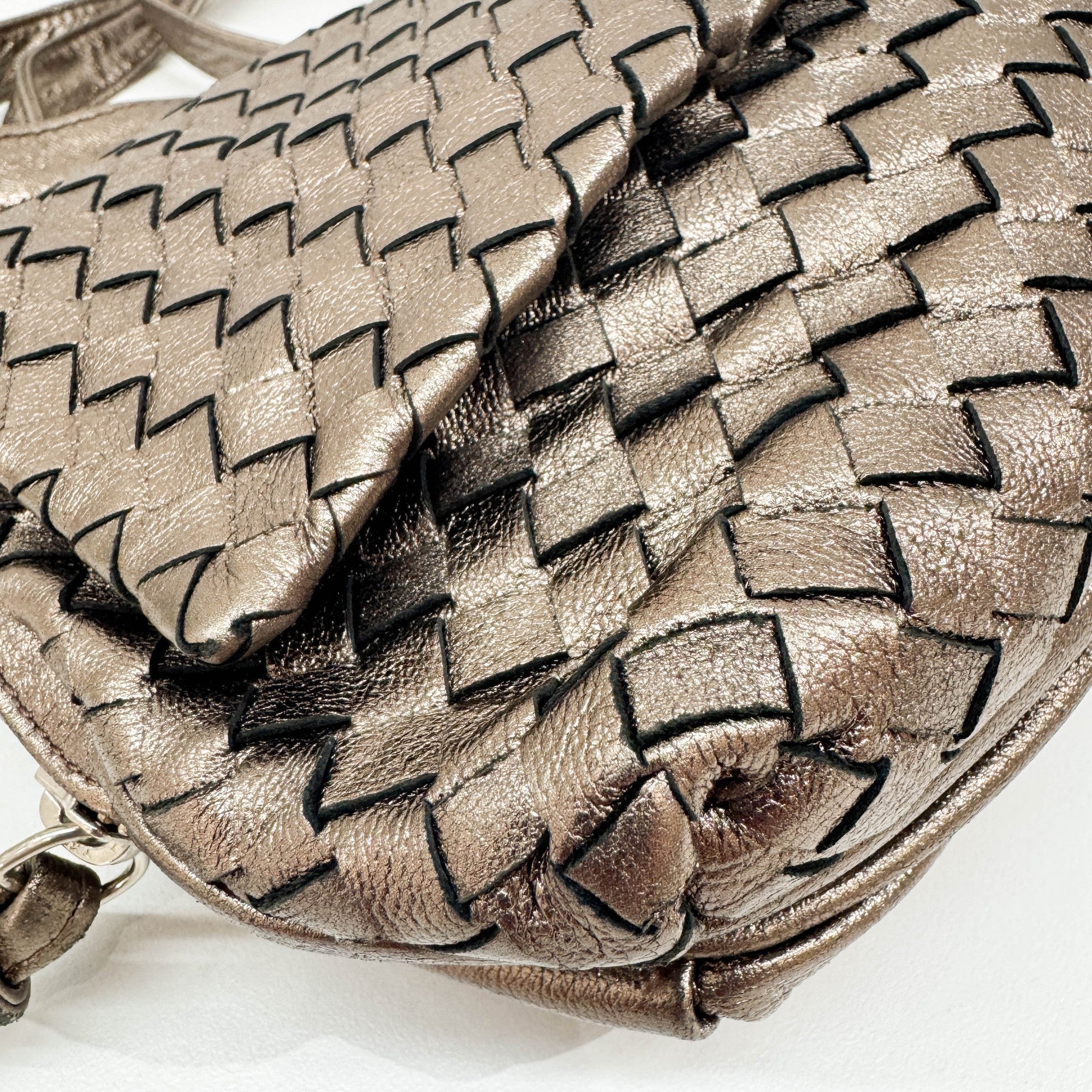 Intrecciato Metallic Dusty Gold Leather Shoulder Bag