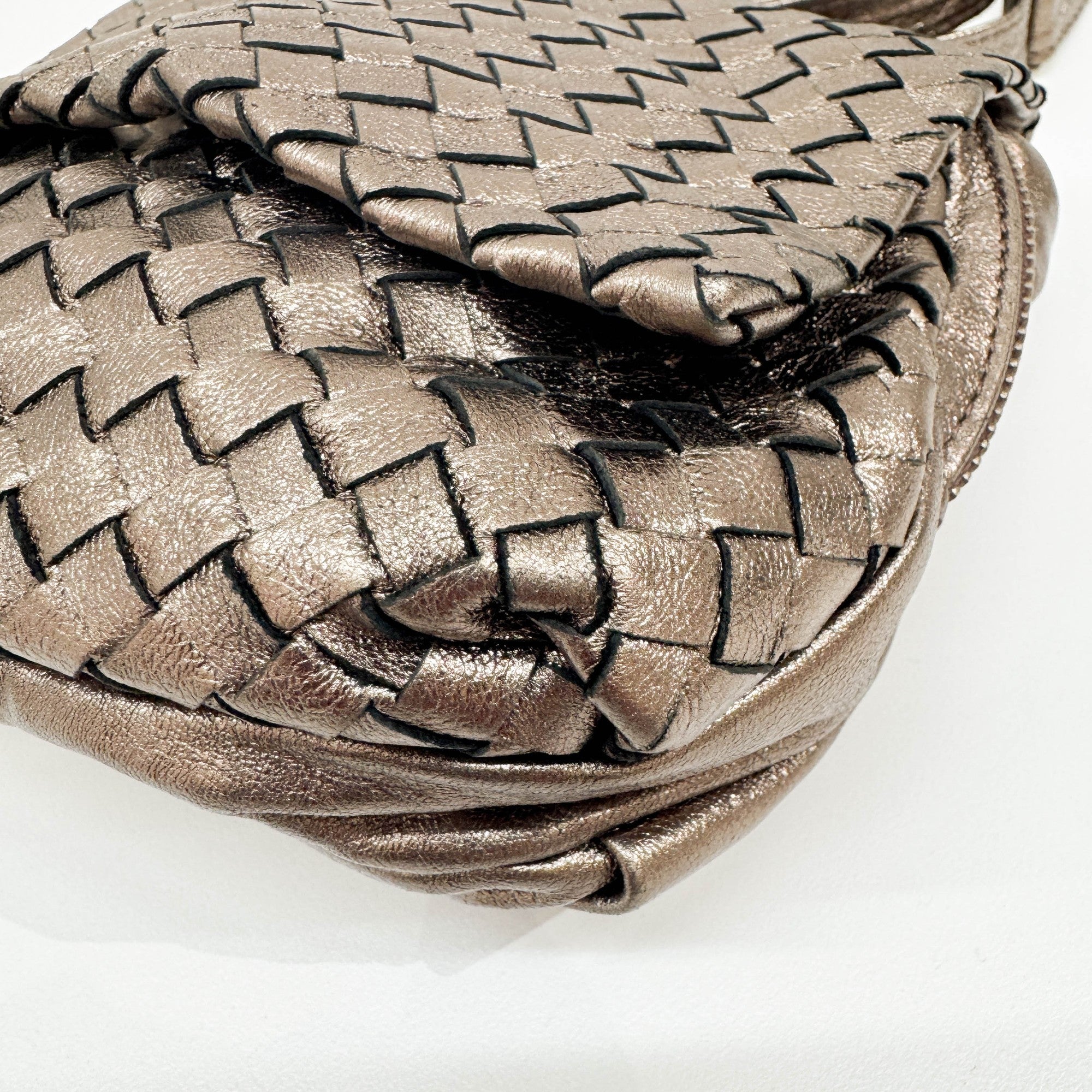 Intrecciato Metallic Dusty Gold Leather Shoulder Bag