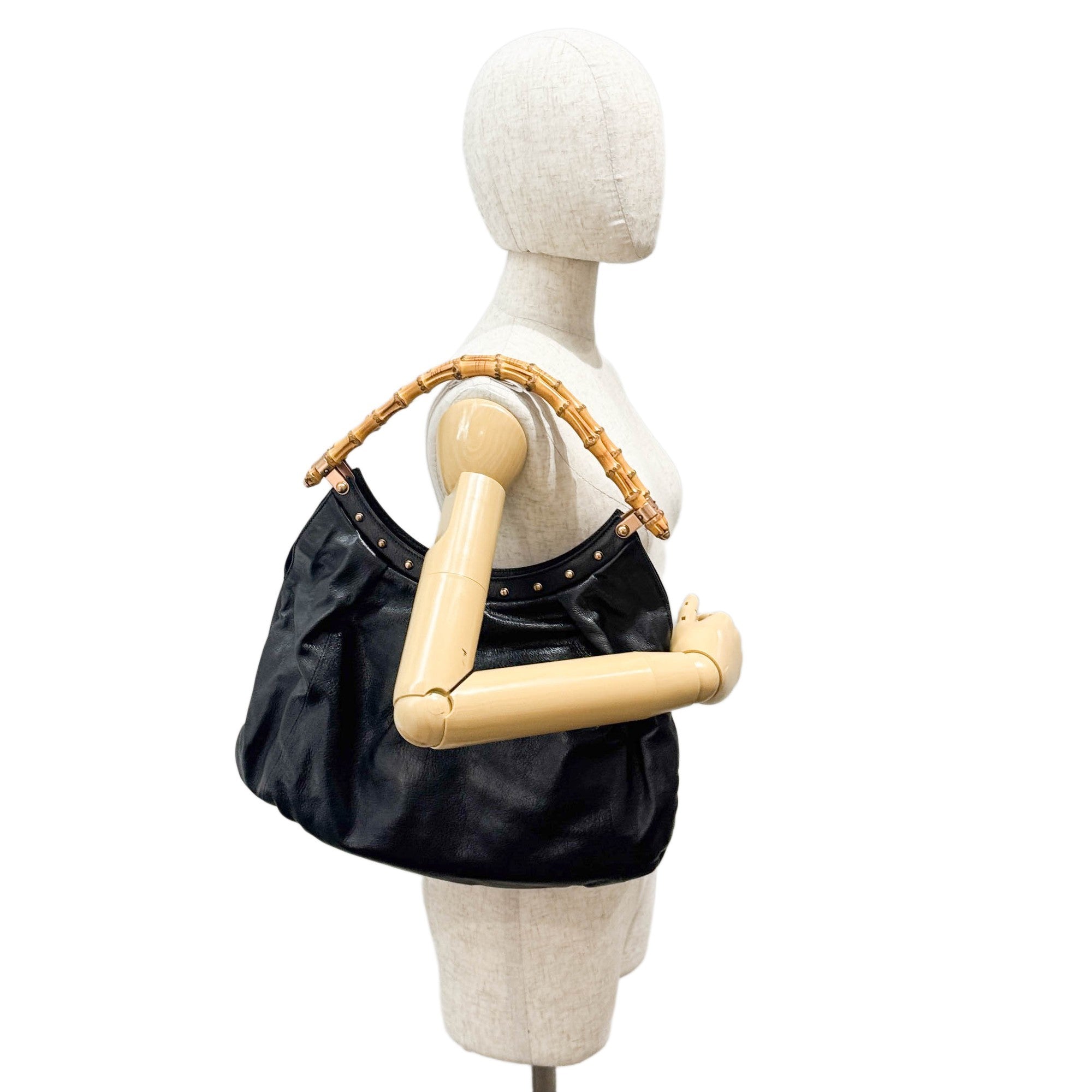 Vintage Bamboo Hobo Black Leather Tote Bag