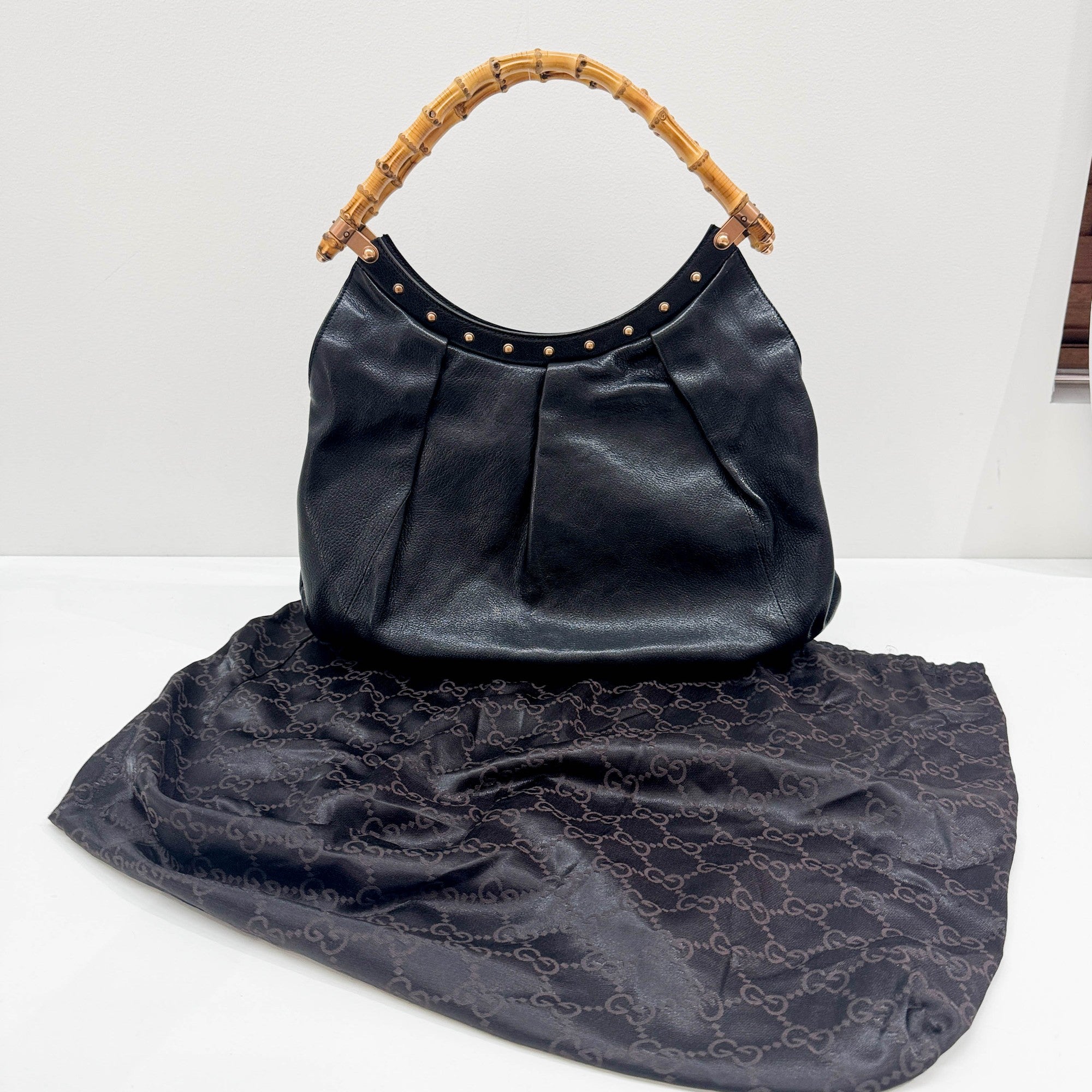 Vintage Bamboo Hobo Black Leather Tote Bag