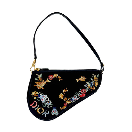 Saddle Pouch Embroidery Black Nylon Shoulder Bag