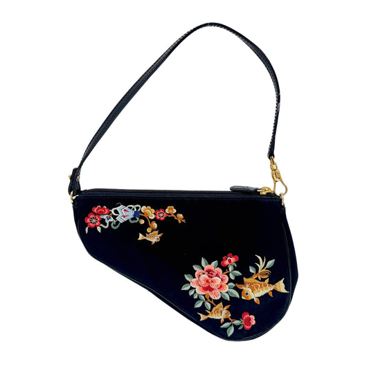Saddle Pouch Embroidery Black Nylon Shoulder Bag