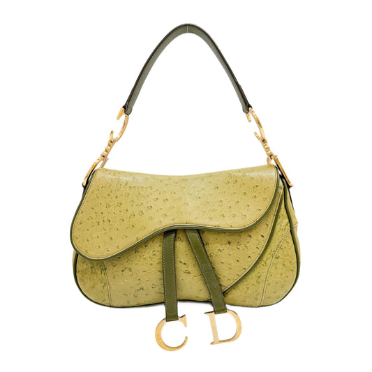 Double Saddle Green Ostrich Leather Shoulder Bag