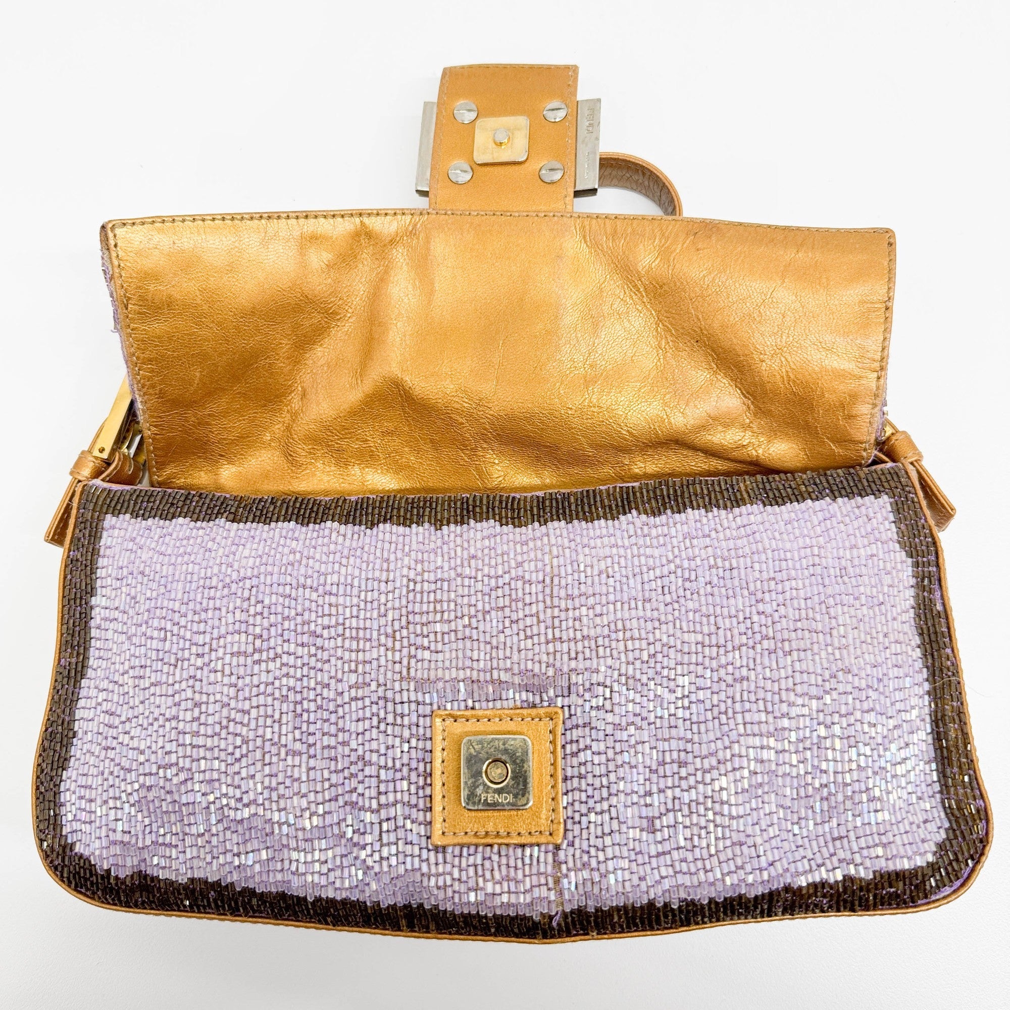 Baguette Gold Leather and Lavender and Yellow Sequin Shoulder Bag