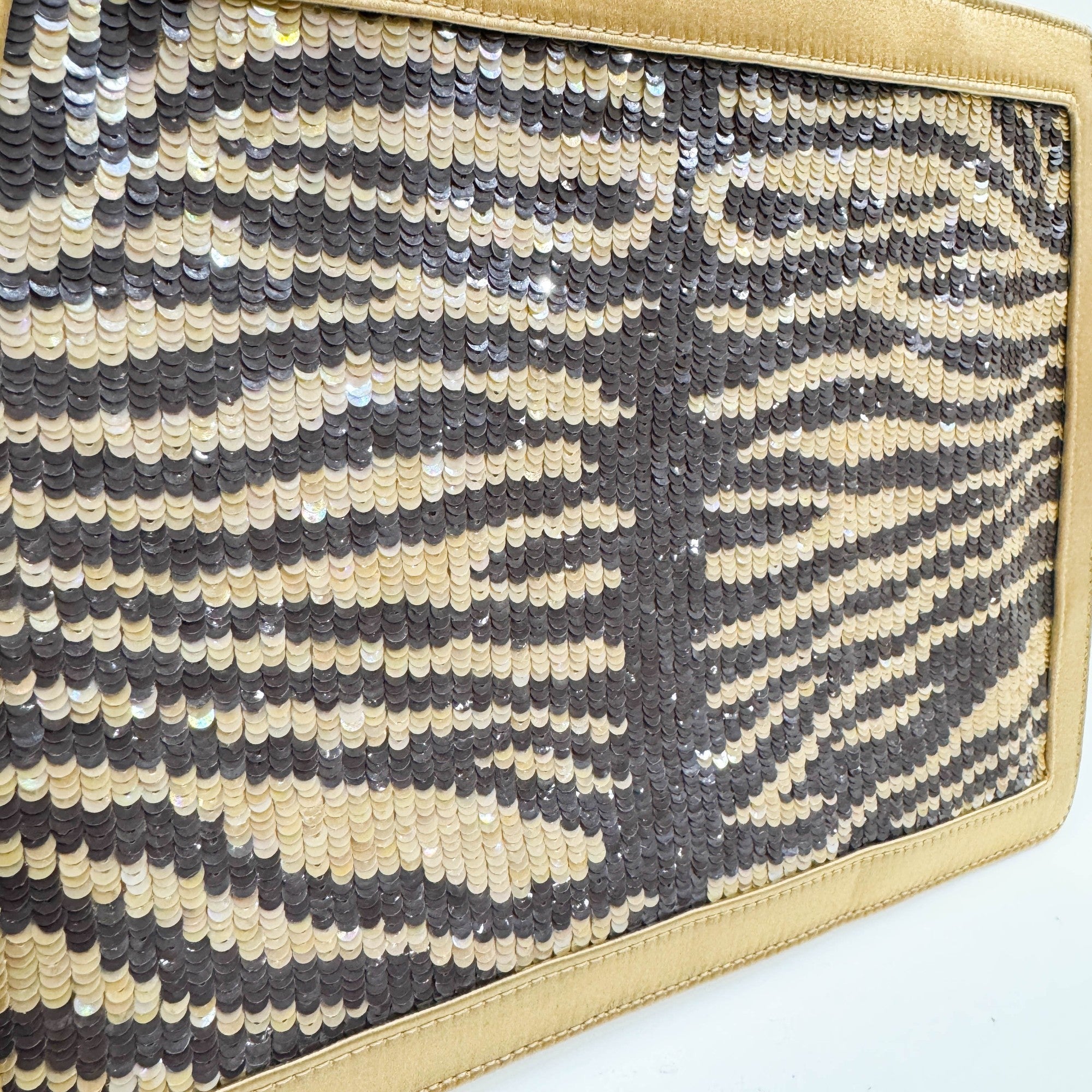 Silk Frame Gold and Brown Zebra Print Sequin Hand Bag