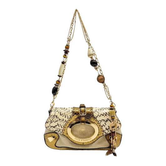 Gold & Brown Embossed Leather & Jute Shoulder Bag