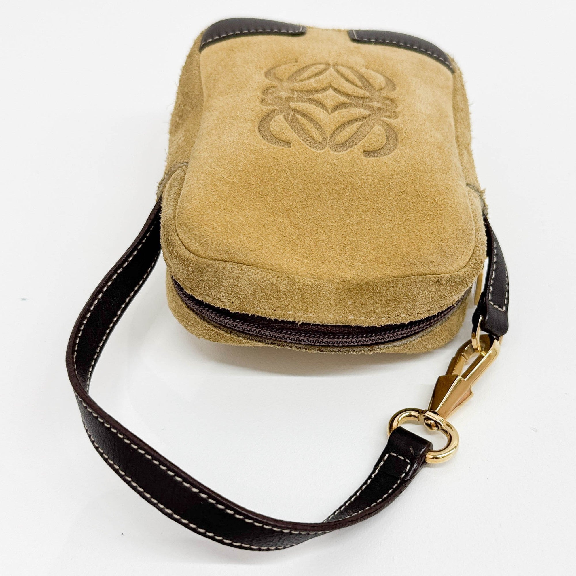 Mini Anagram Khaki Suede Hand Pouch