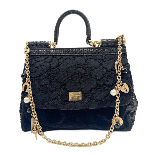 Sicily Sequined and Embroidered Black Cotton Two Way Bag