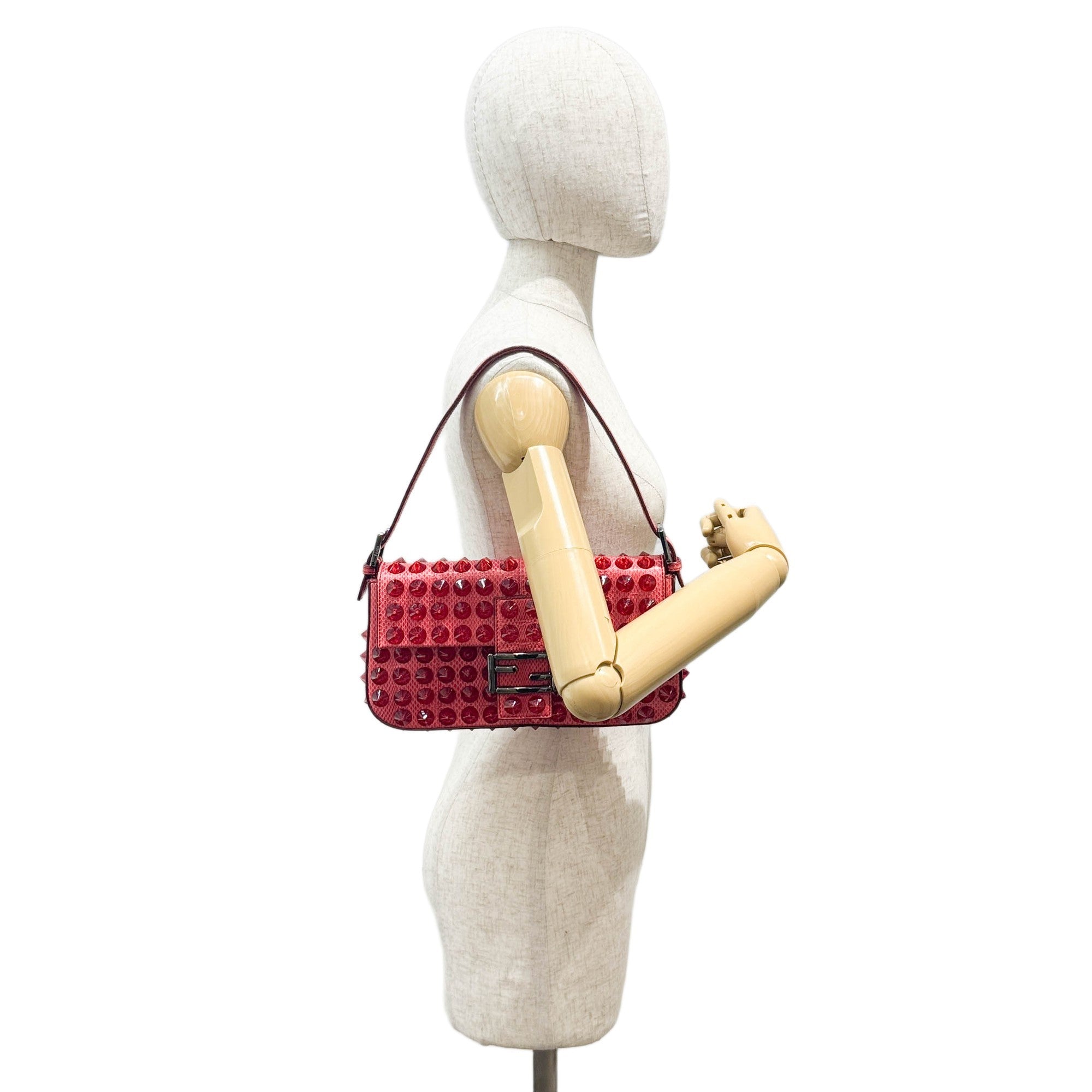 Baguette Red Studded Snakeskin Shoulder Bag