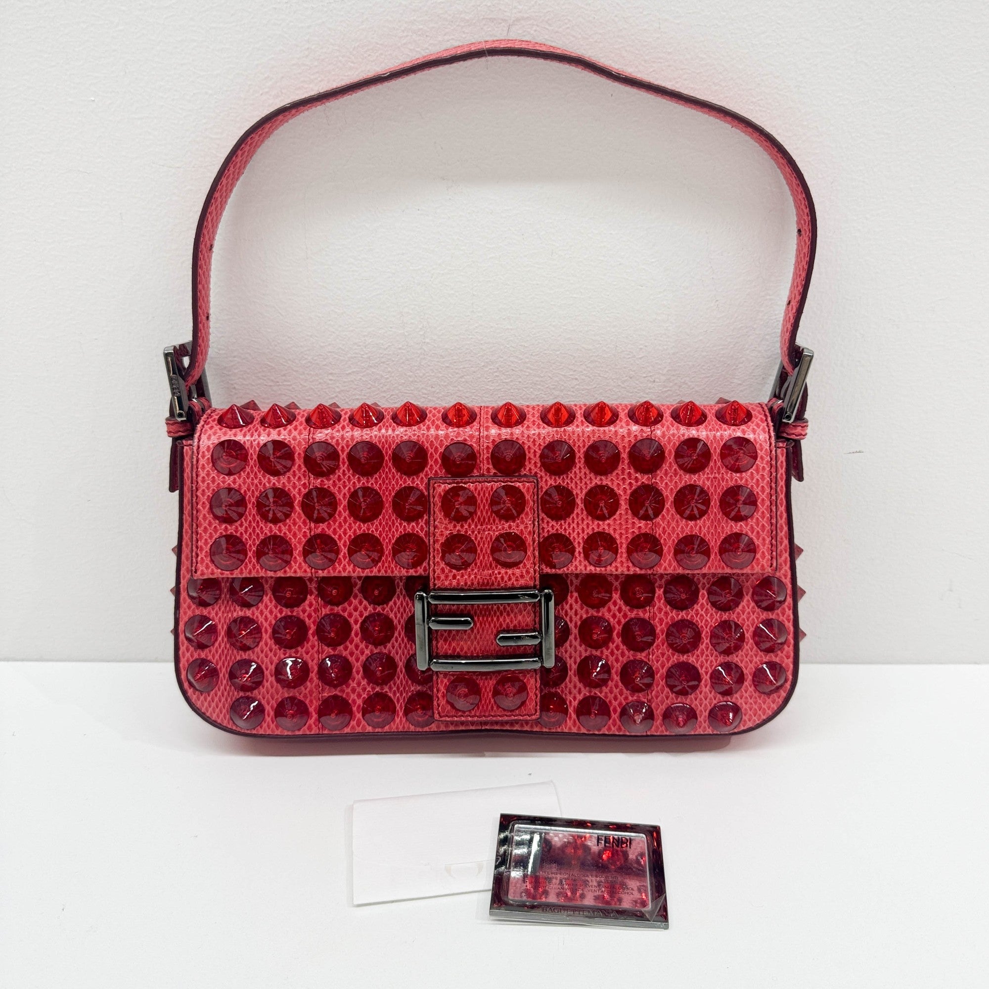 Baguette Red Studded Snakeskin Shoulder Bag