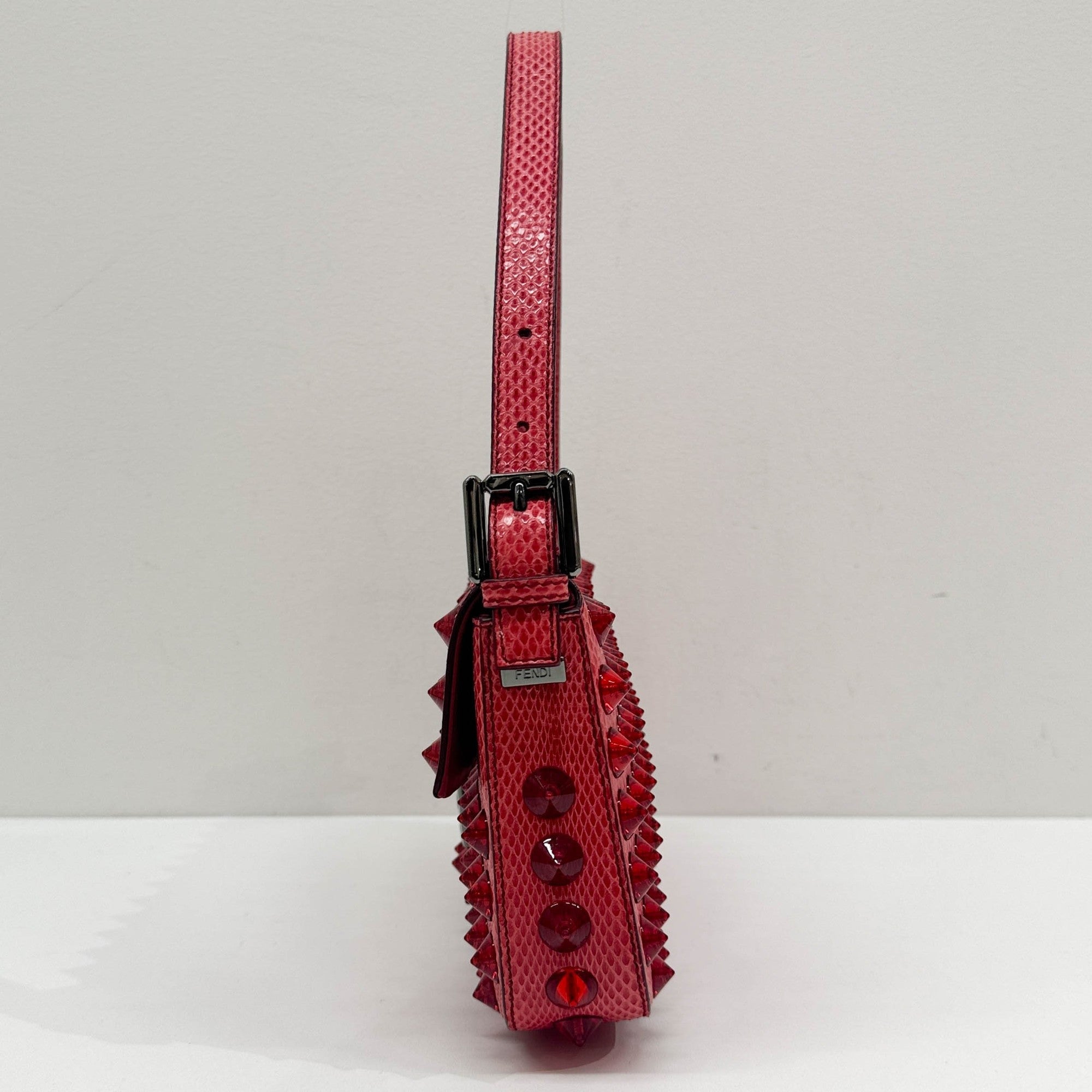 Baguette Red Studded Snakeskin Shoulder Bag