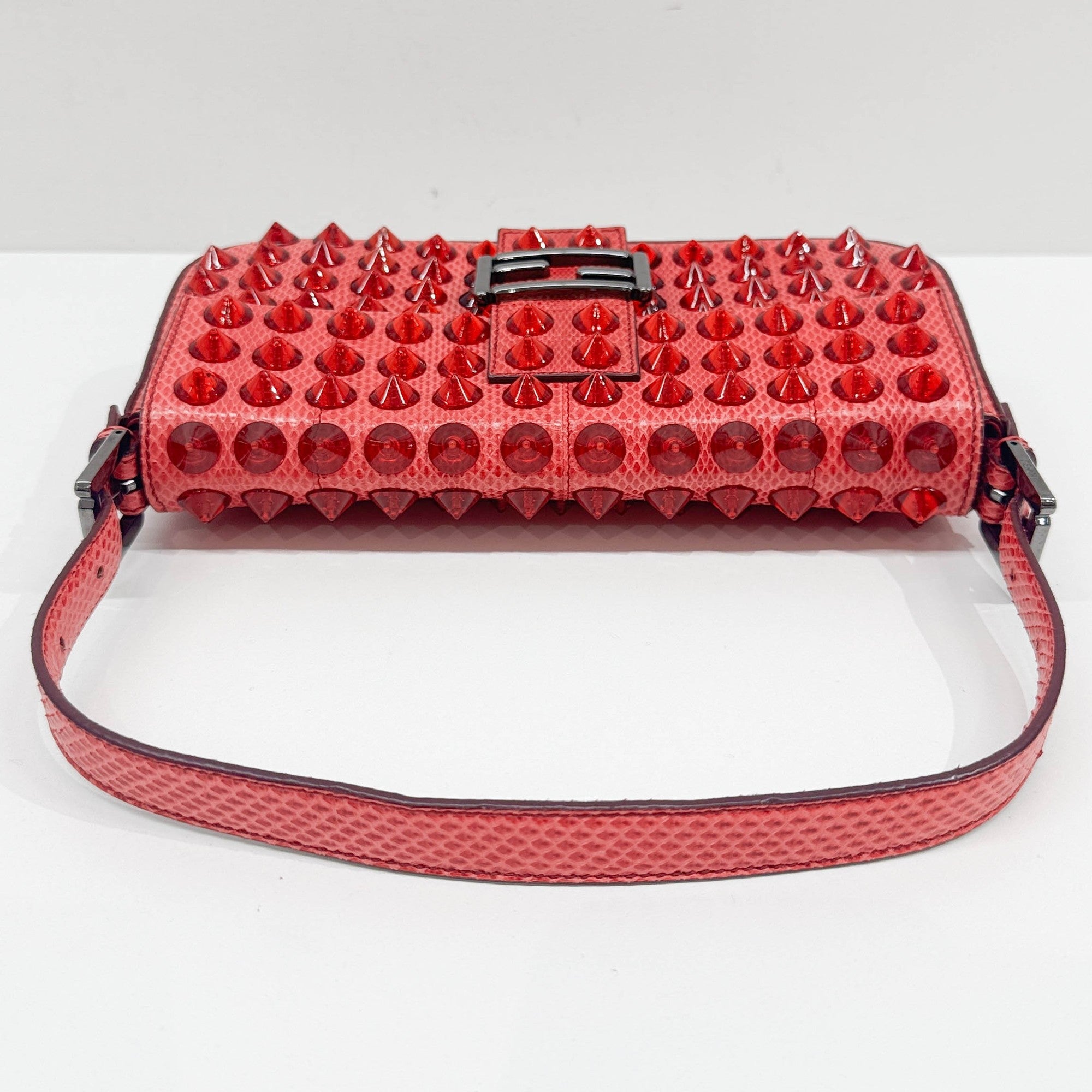 Baguette Red Studded Snakeskin Shoulder Bag