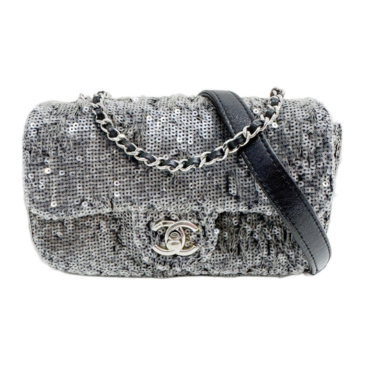 Mini Classic Flap Waterfall Grey Sequin Shoulder Bag