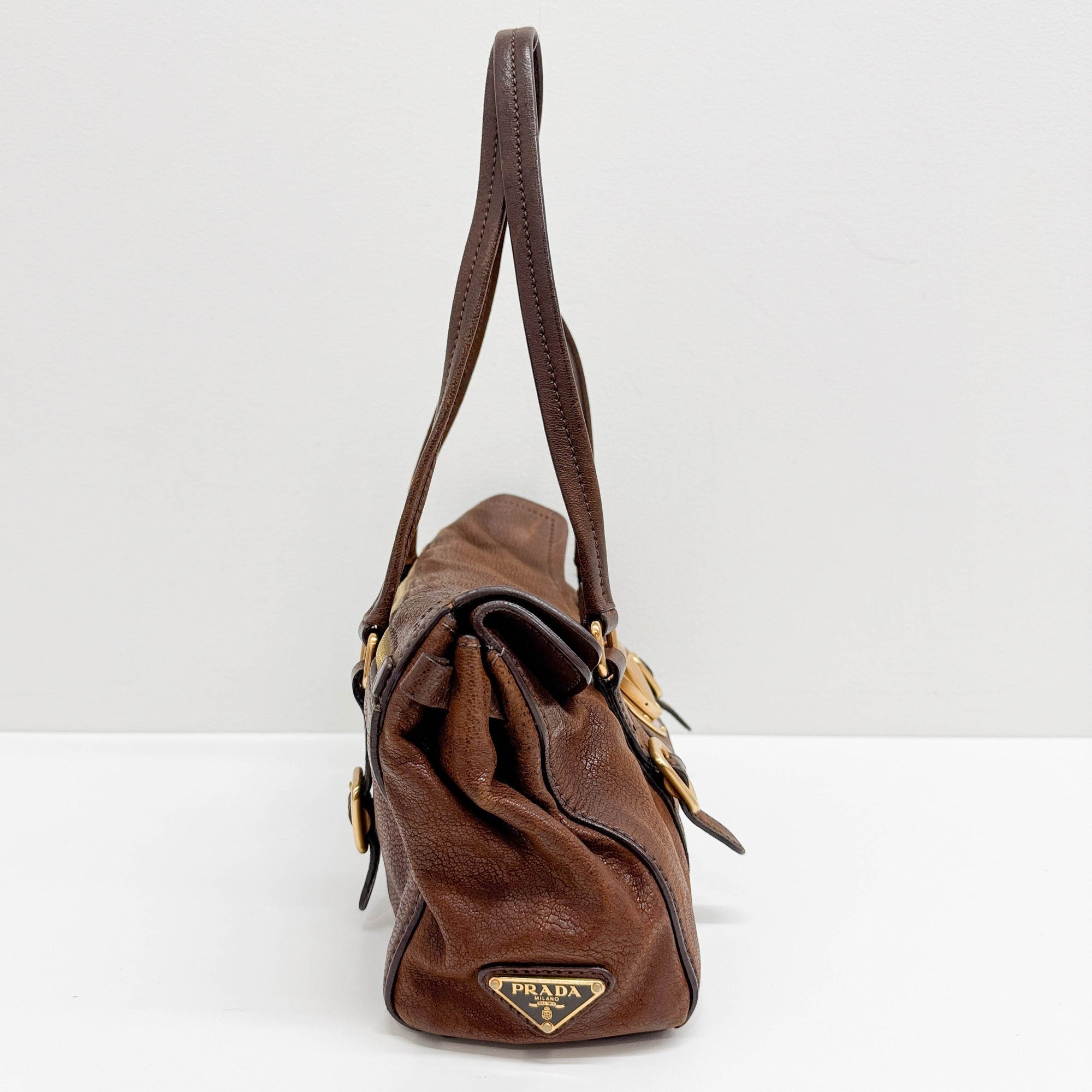 Pietra Brown Cervo Shine Leather Shoulder Bag