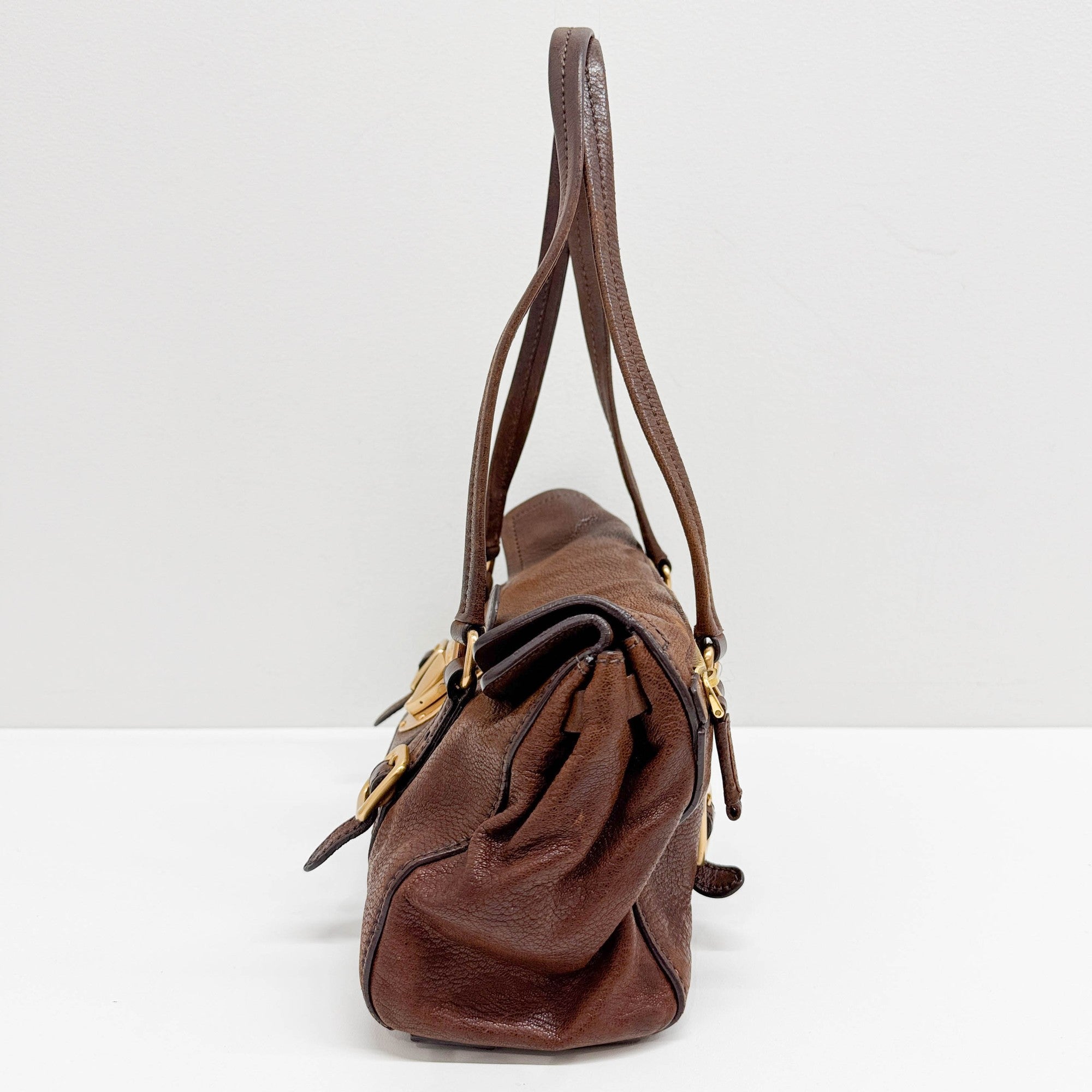 Pietra Brown Cervo Shine Leather Shoulder Bag