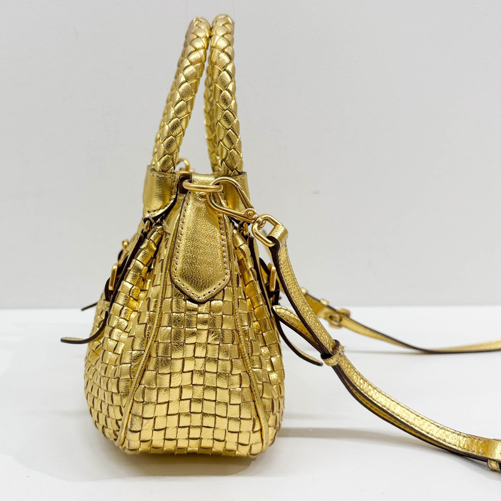 Metallic Gold Woven Leather Two Way Bag