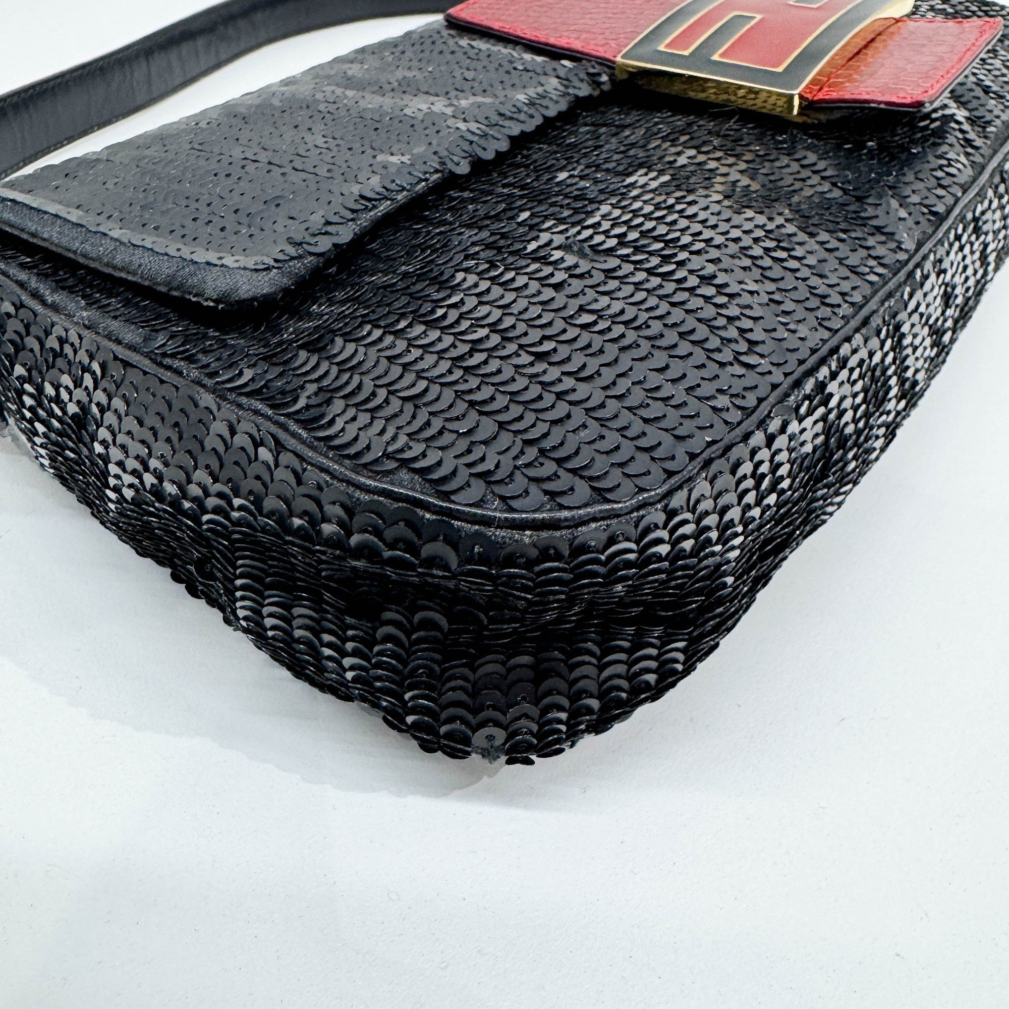 Baguette Black Squin & Red Leather Shoulder Bag