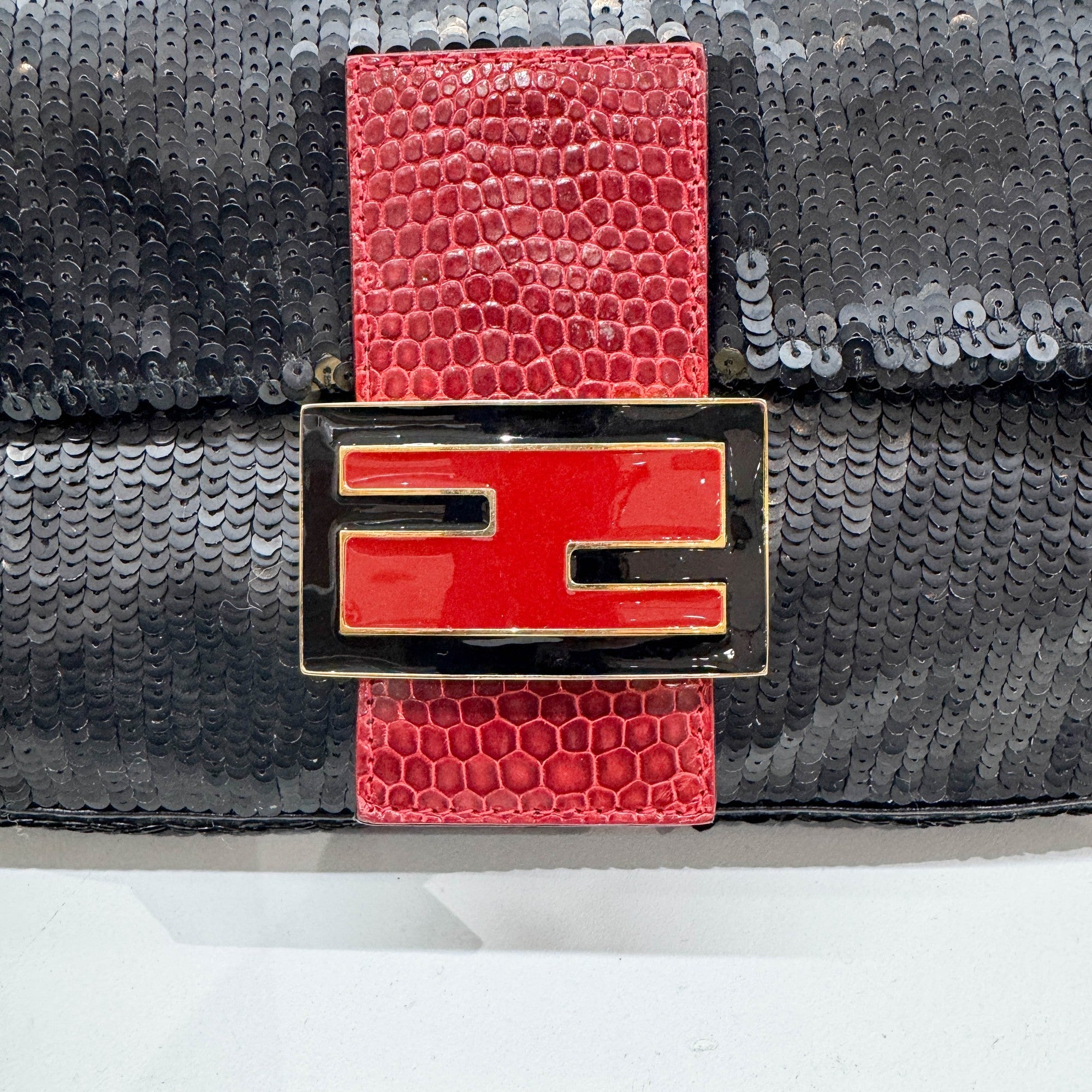 Baguette Black Squin & Red Leather Shoulder Bag