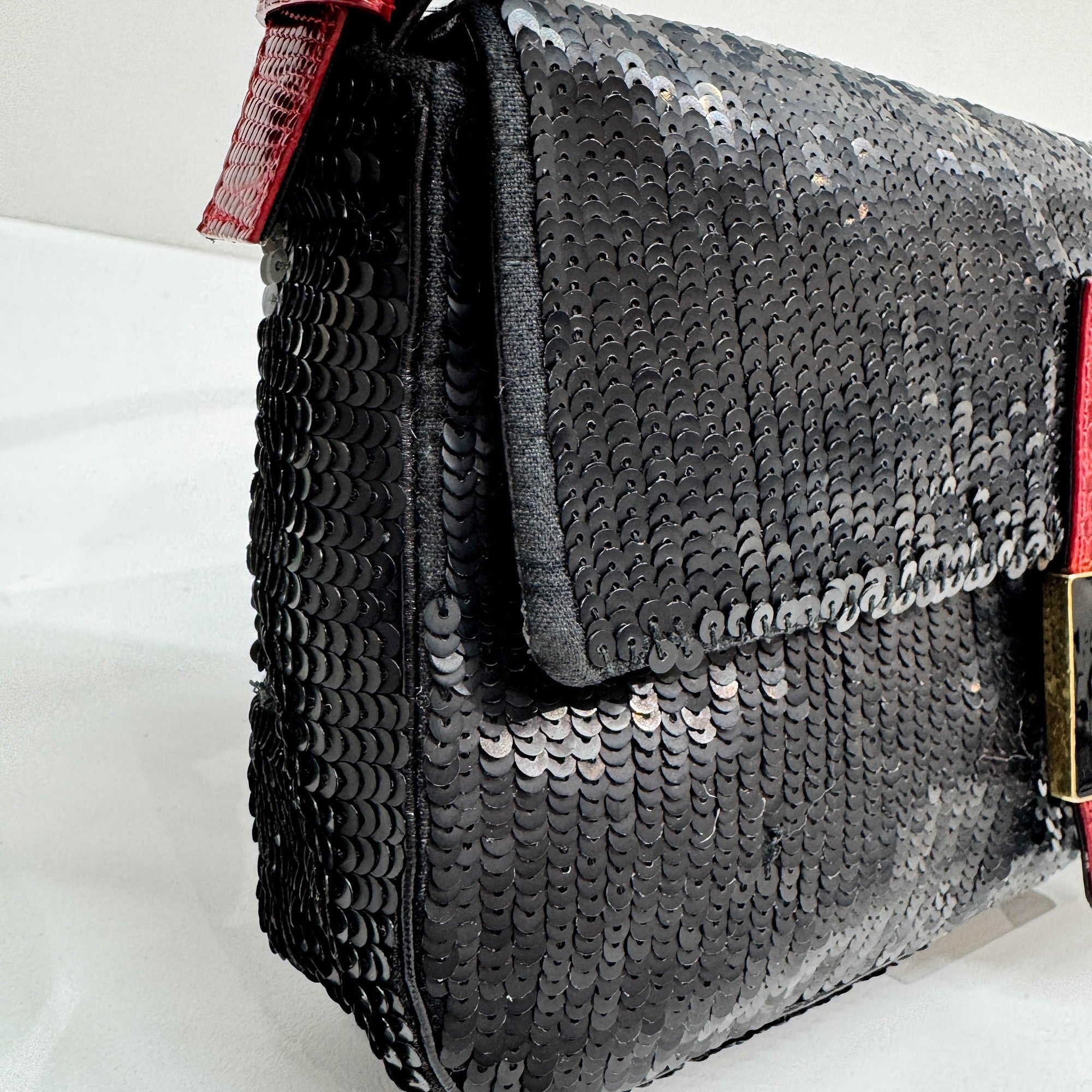 Baguette Black Squin & Red Leather Shoulder Bag