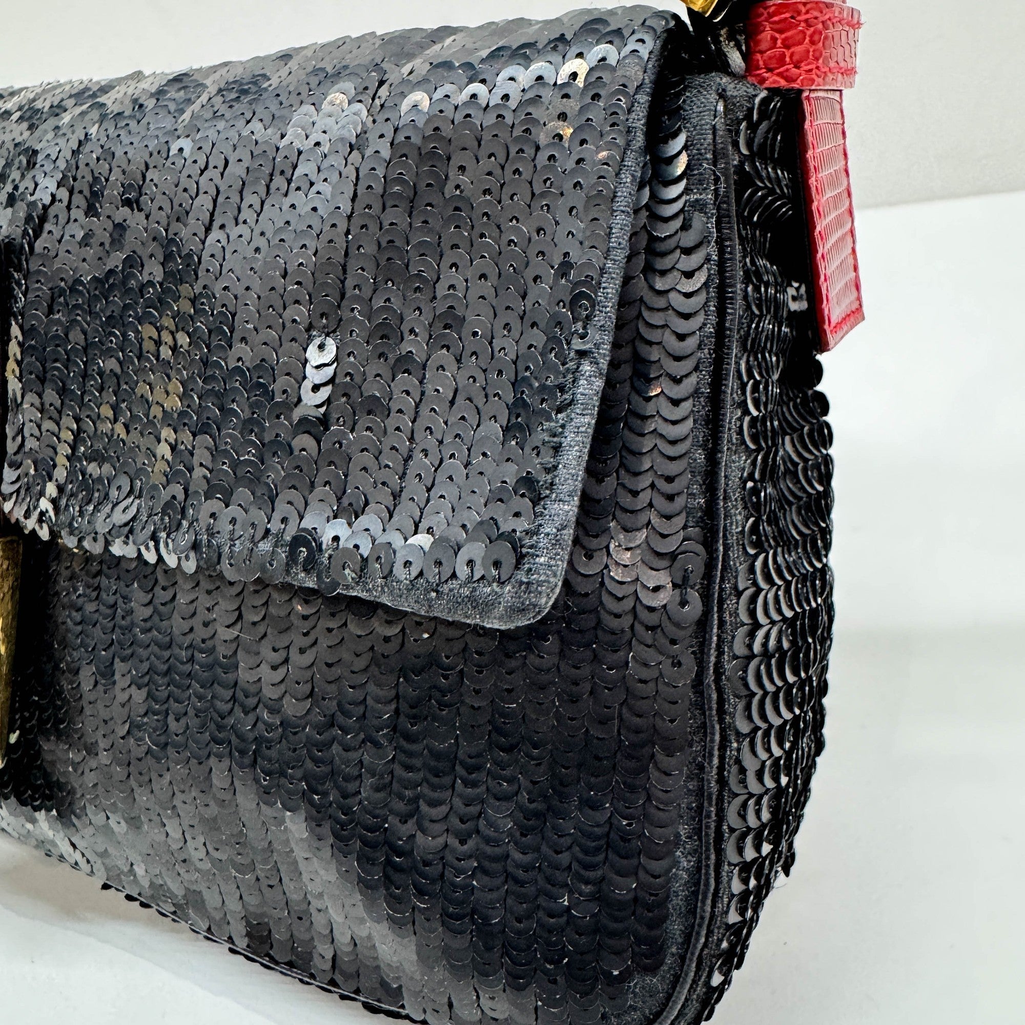 Baguette Black Squin & Red Leather Shoulder Bag