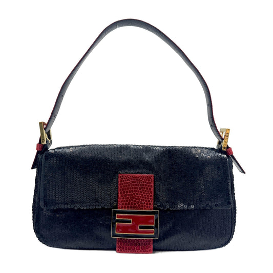 Baguette Black Squin & Red Leather Shoulder Bag