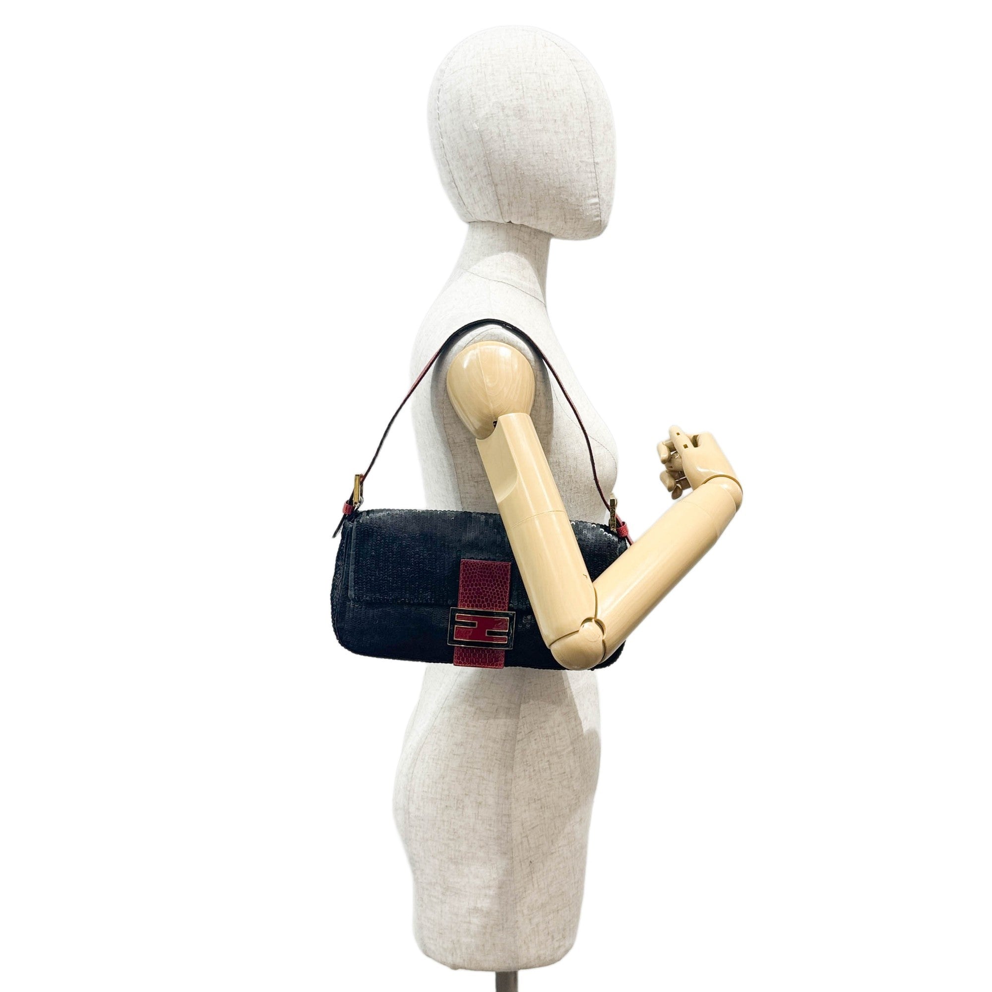 Baguette Black Squin & Red Leather Shoulder Bag
