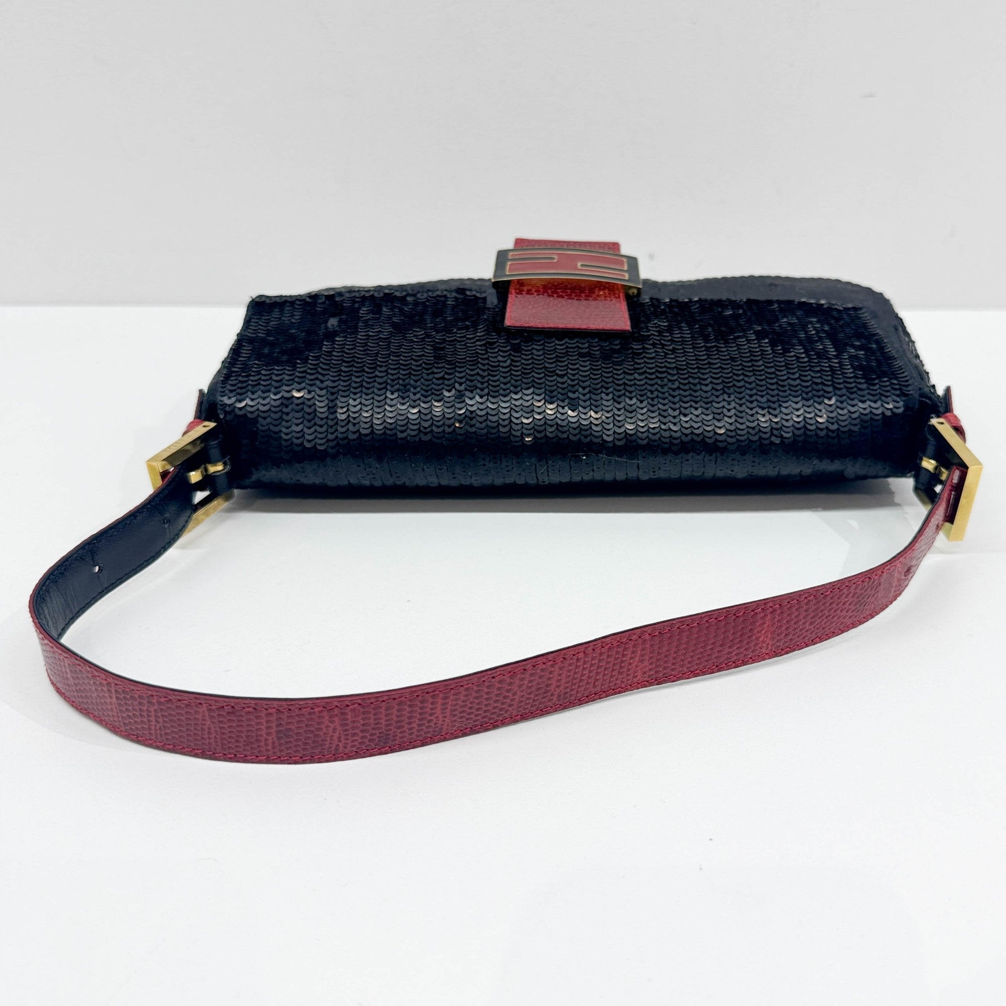 Baguette Black Squin & Red Leather Shoulder Bag