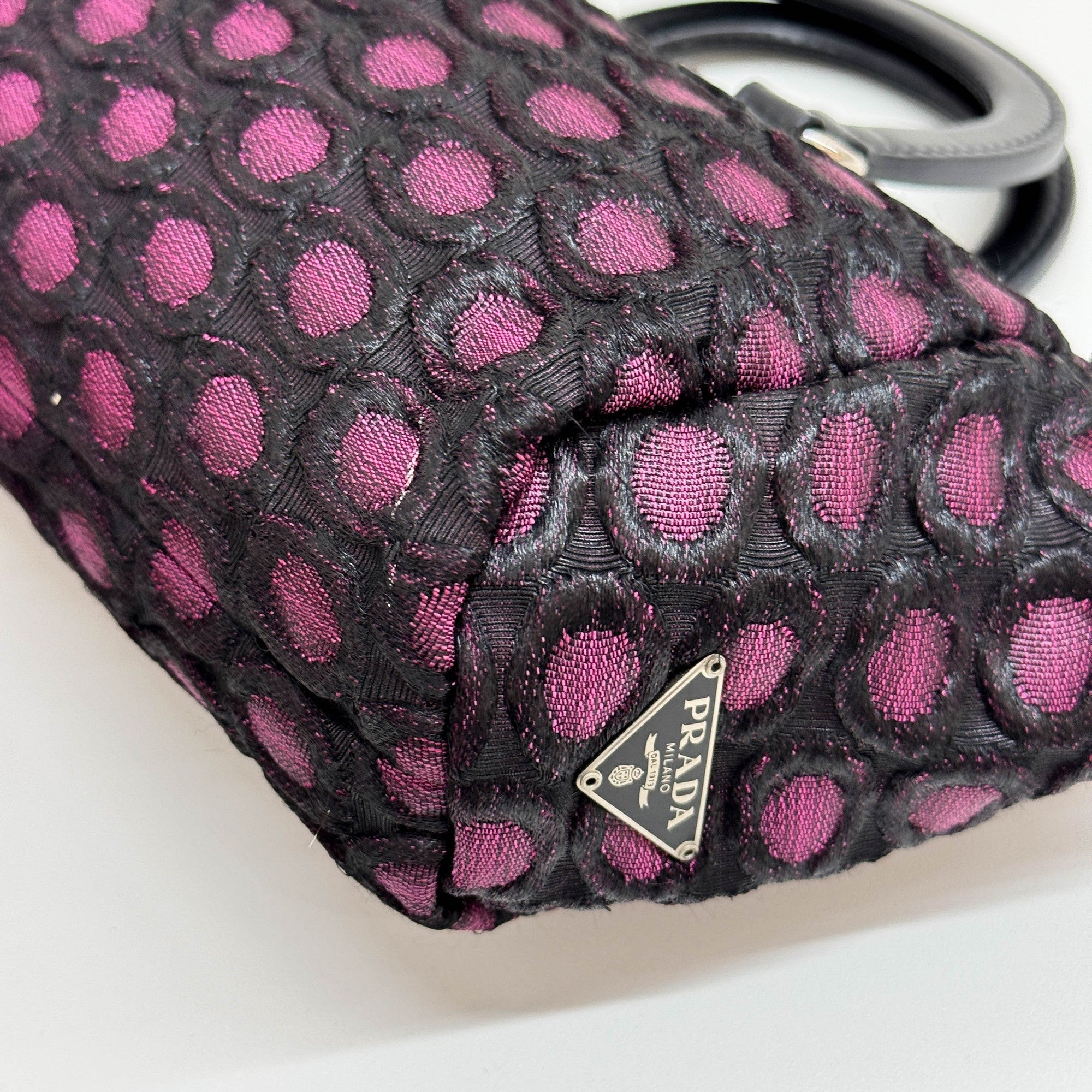 Purple and Black Polkadot Embroidered Satin Hand Bag