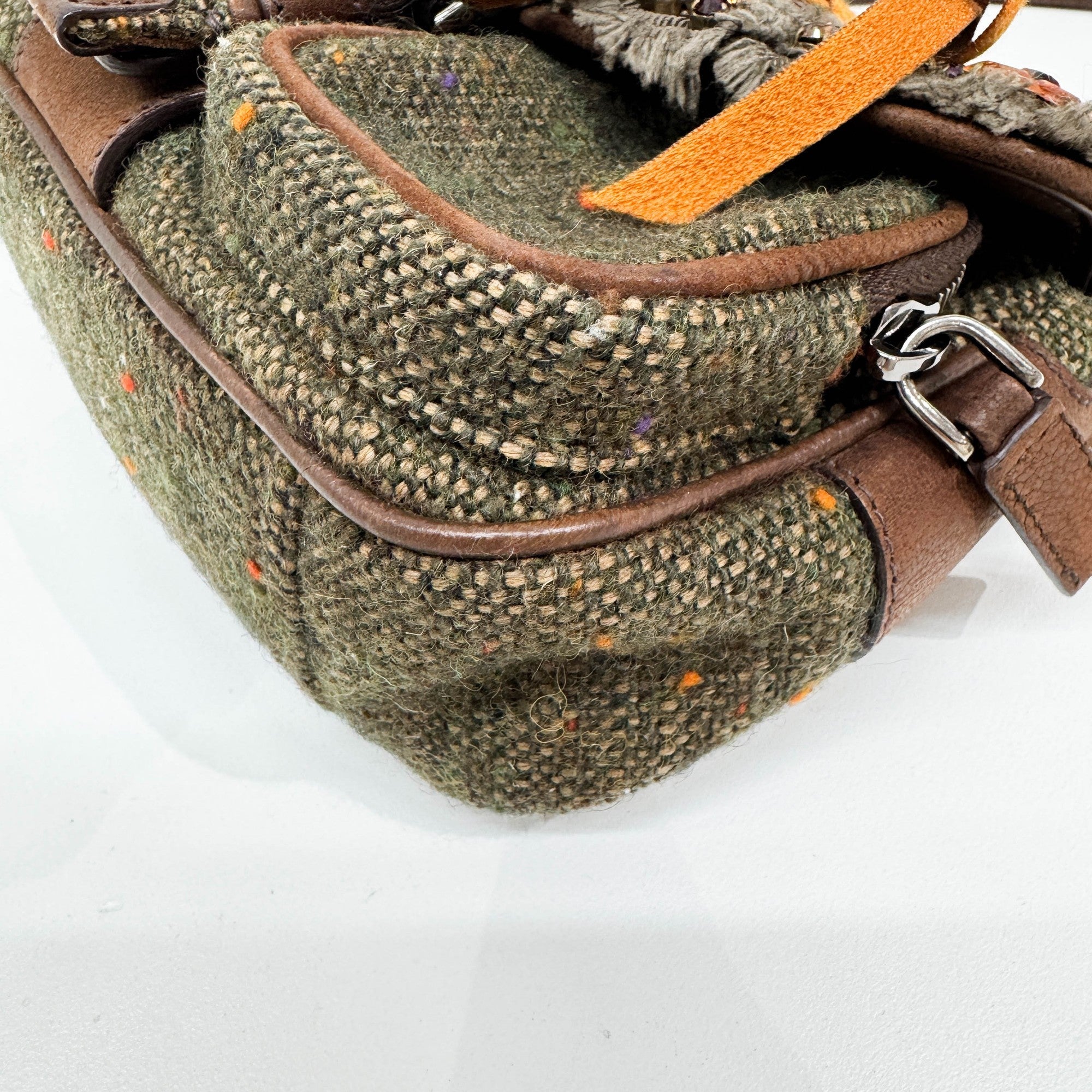 Bow Decorative Green Tweed Shoulder Bag