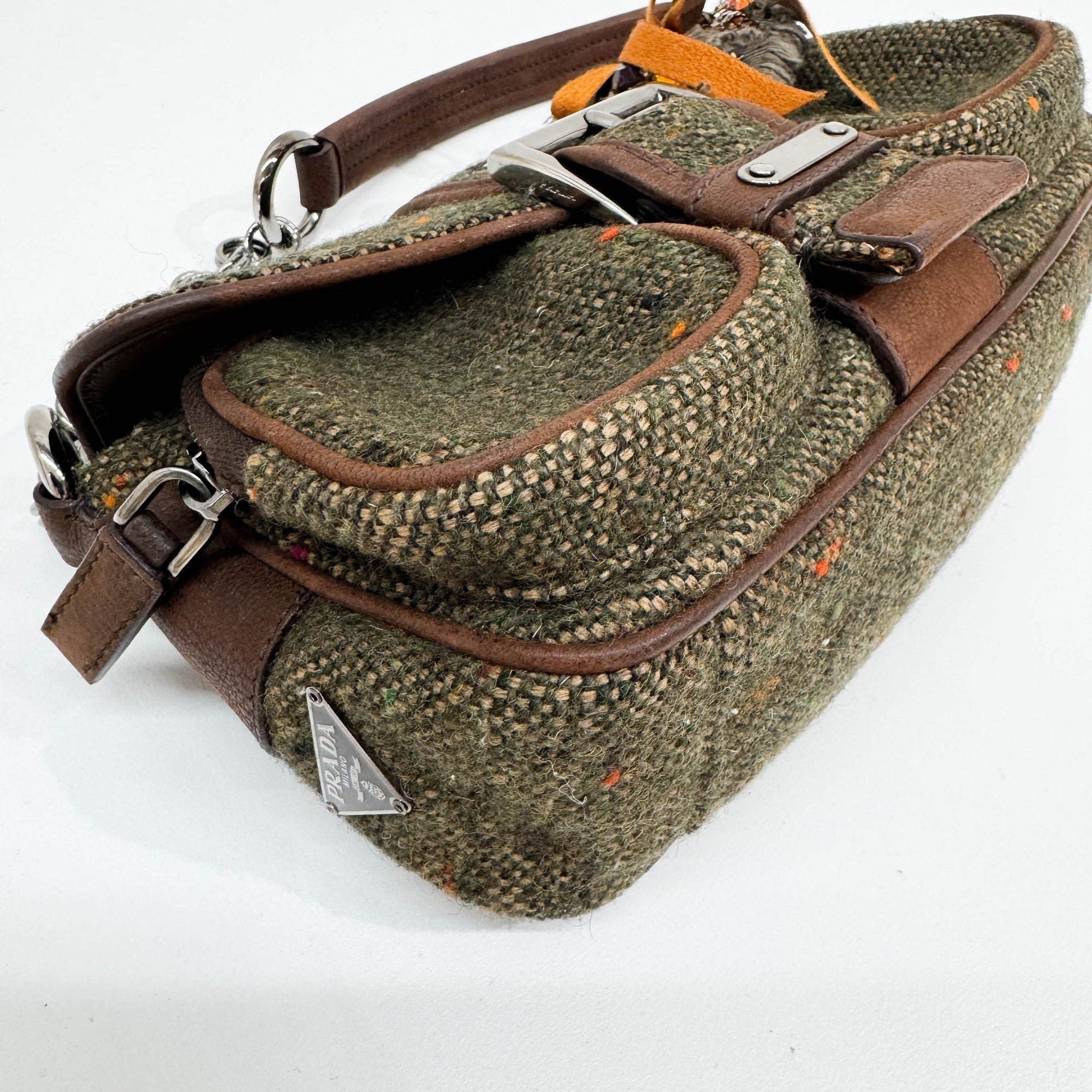 Bow Decorative Green Tweed Shoulder Bag