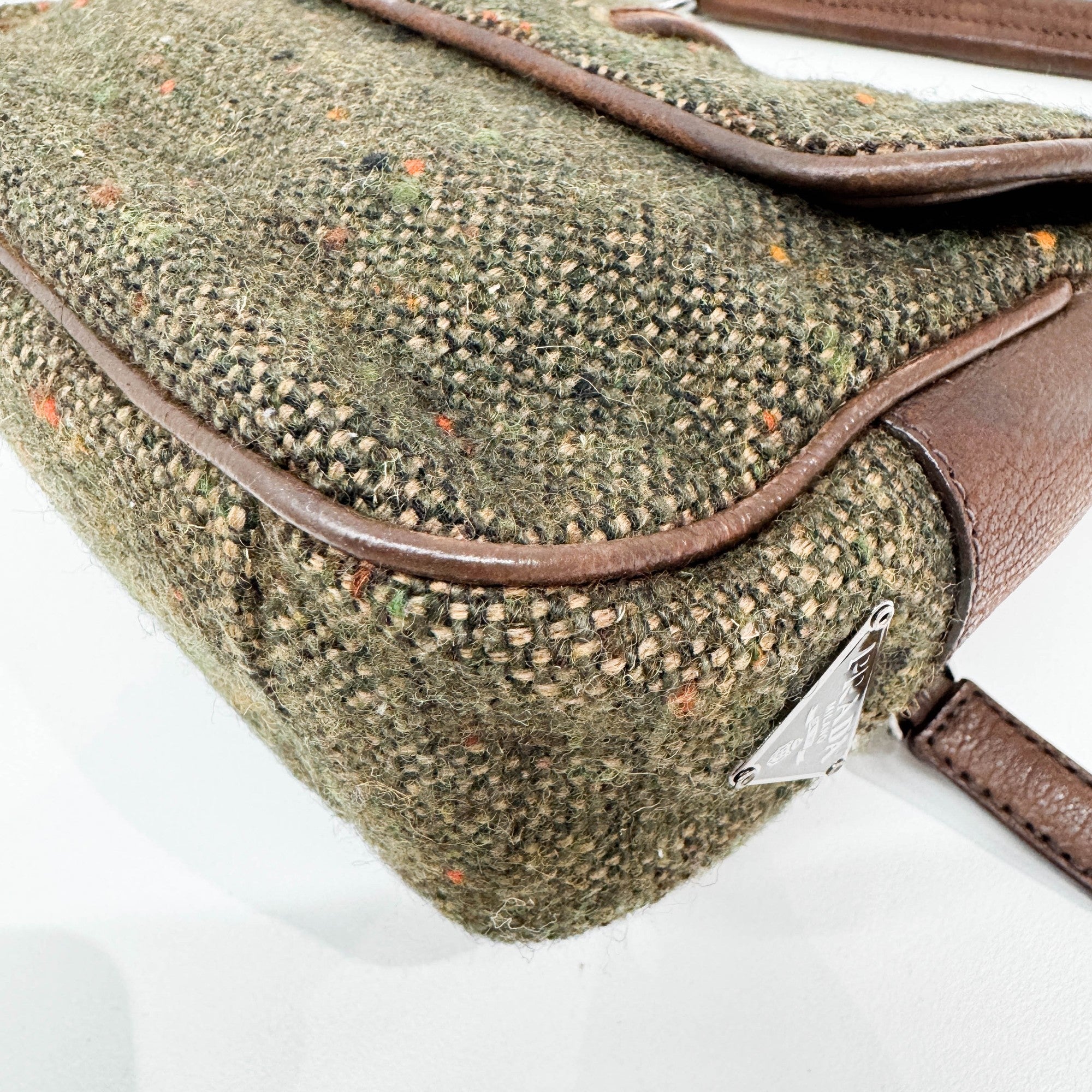 Bow Decorative Green Tweed Shoulder Bag