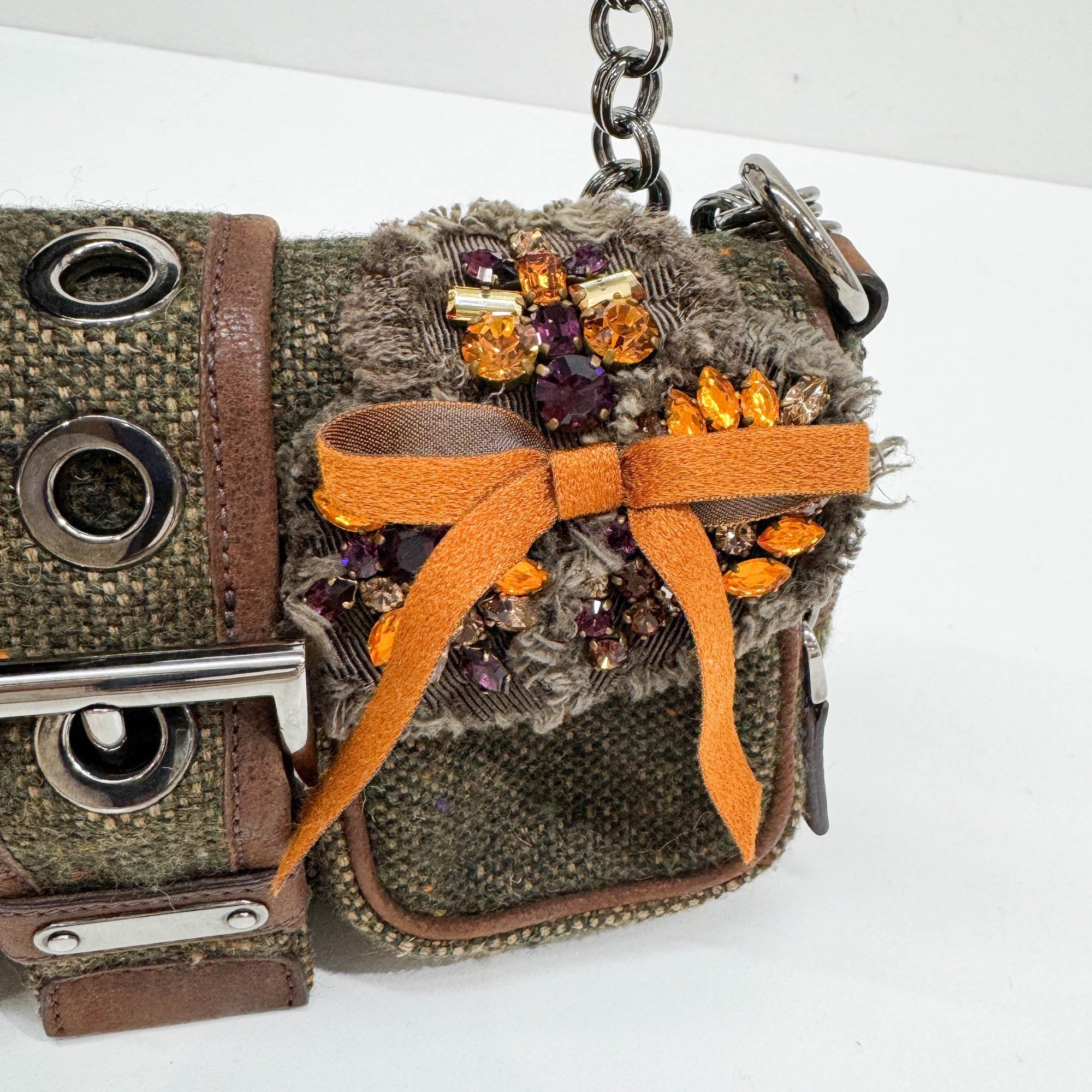 Bow Decorative Green Tweed Shoulder Bag